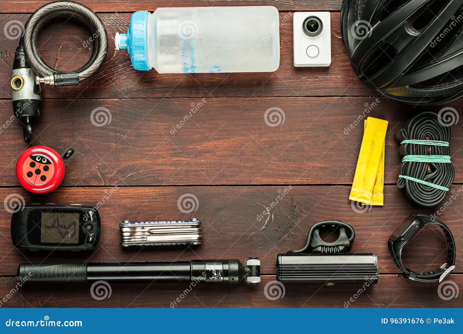 Old Used Cycling Accessories on Wooden Table Stock Photo Image of