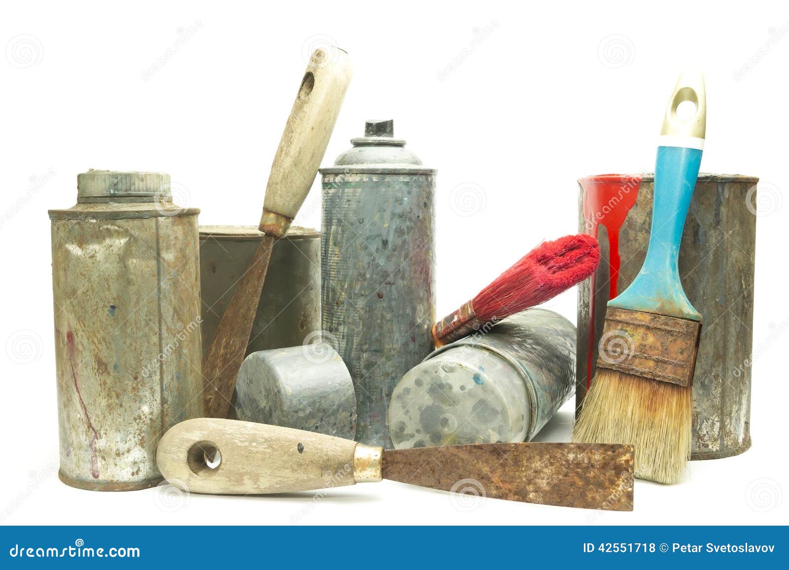 Old Used Spray Cans and Paint Bucket Stock Photo Image of renovation