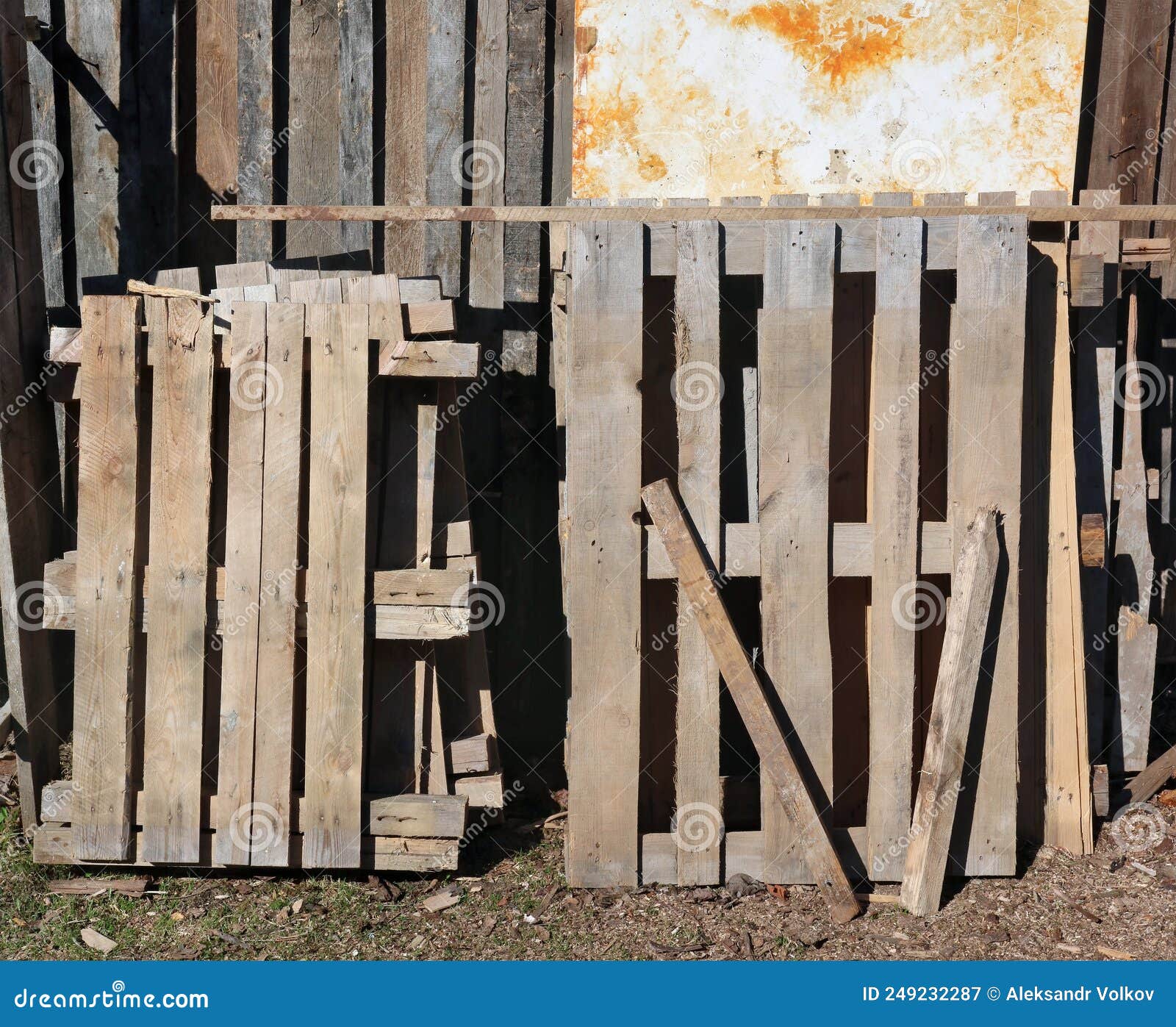 Old Used Wooden Pallets Near a Rustic Barn Stock Image Image of