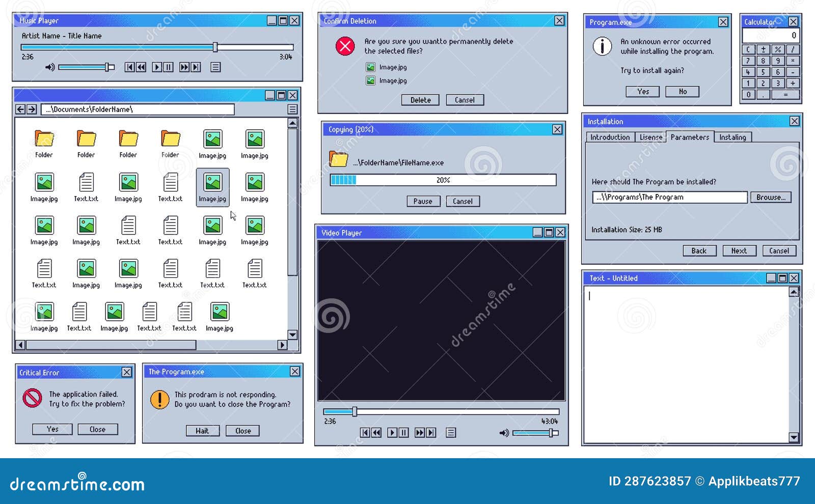 Old User Interface. Old Computer Music and Video Player UI, Text Editor