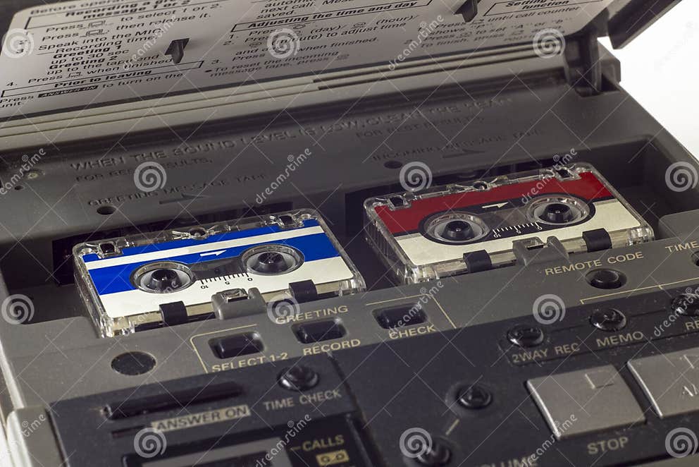 Old Vintage Answering Machine with Two Small Tape Cassettes Closeup