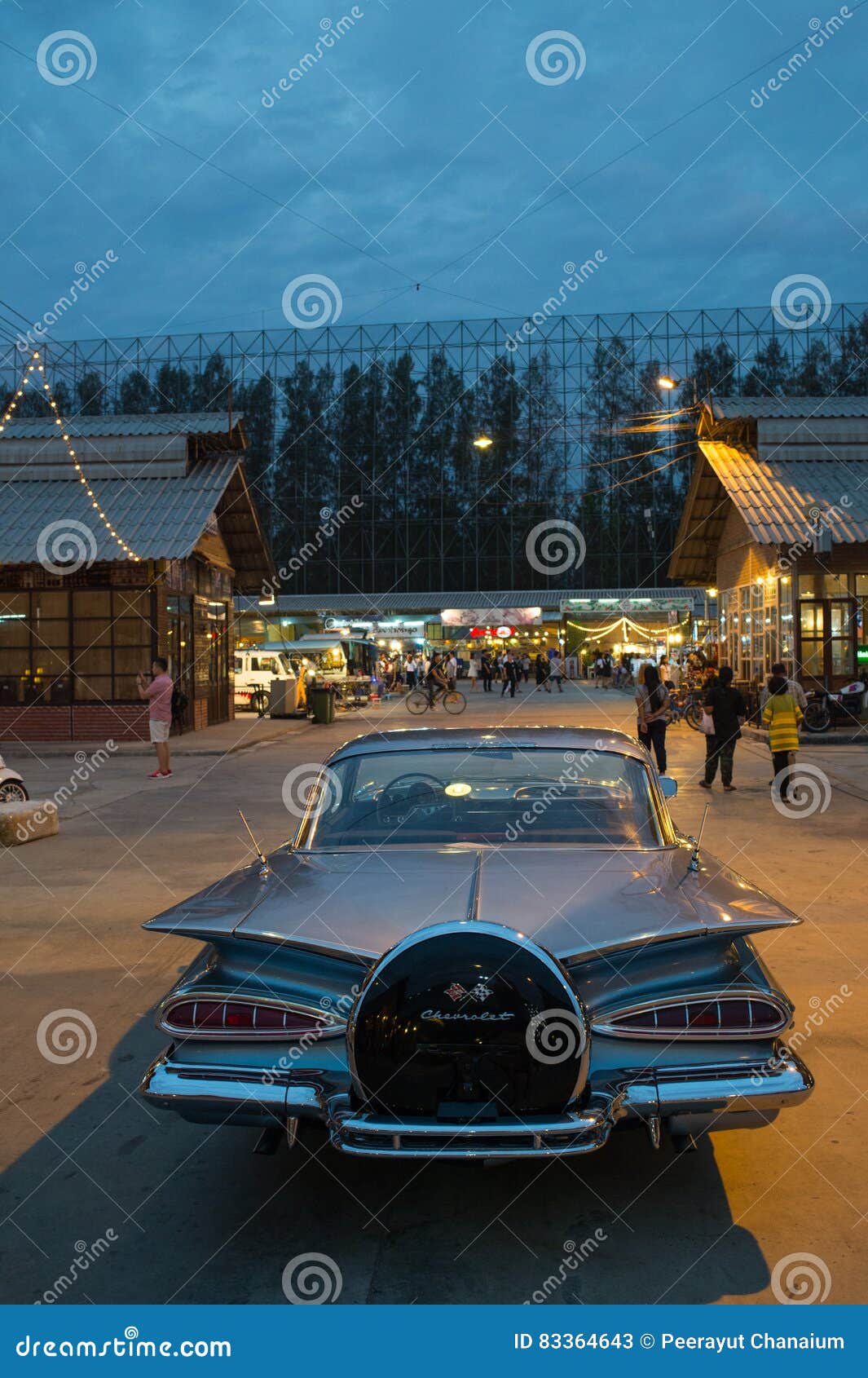 Old Vintage Grey Chevrolet Car At Night Market, Srinakarin