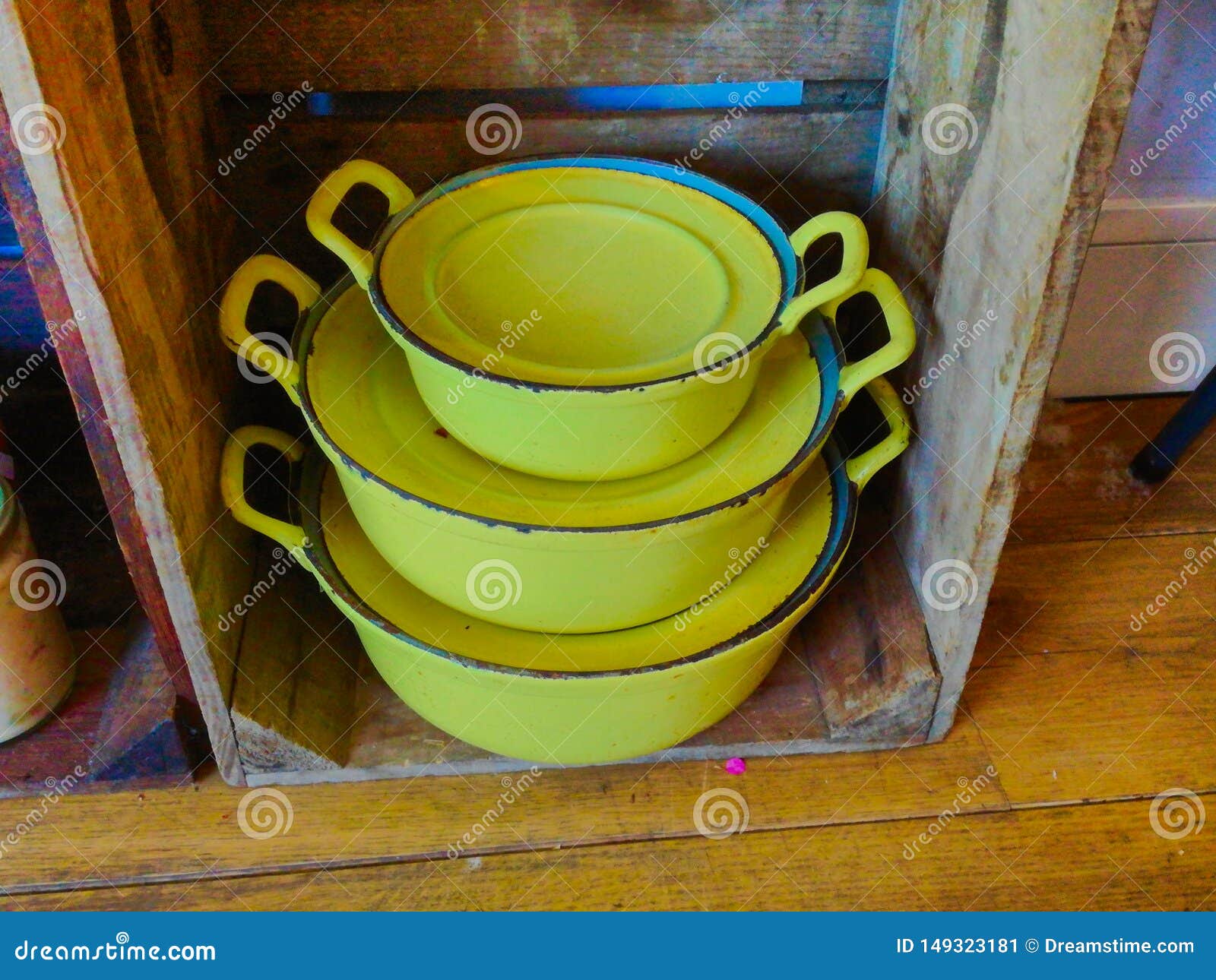 Vintage Yellow Pans Used As Decoration Stock Image Image of metal