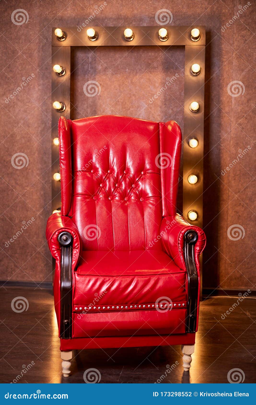 Old Vintage Red Leather Chair in a Dark Room and a Frame with Glowing  Lights in the Background. Background for a Photo Shoot Stock Photo - Image  of classic, fabric: 173298552