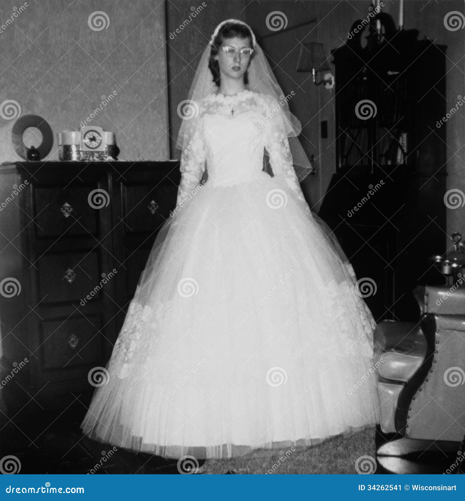 old vintage retro photo young wedding bride in fifties