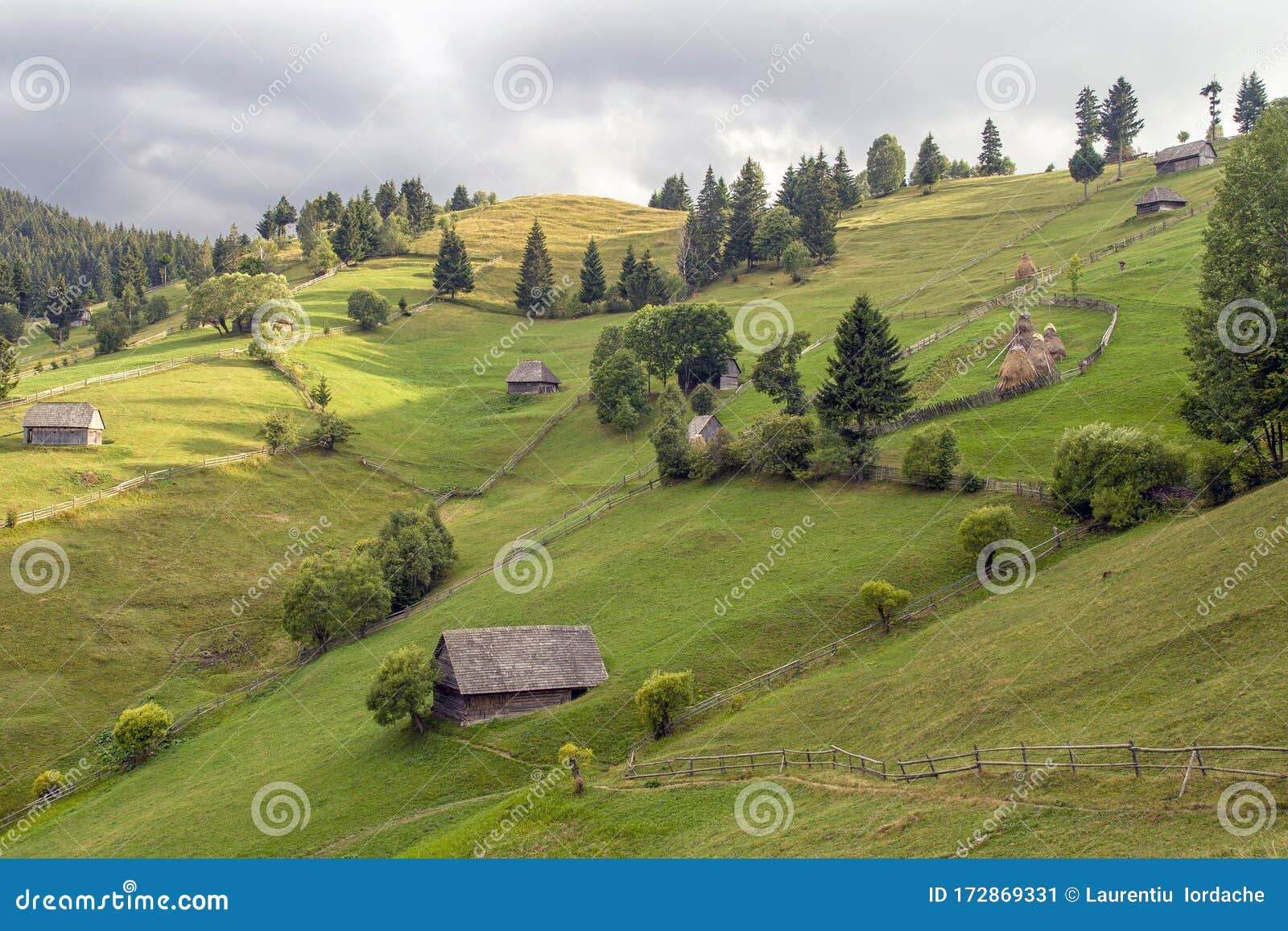 Old Vintage Village on Romanian Mountains Stock Image - Image of grass