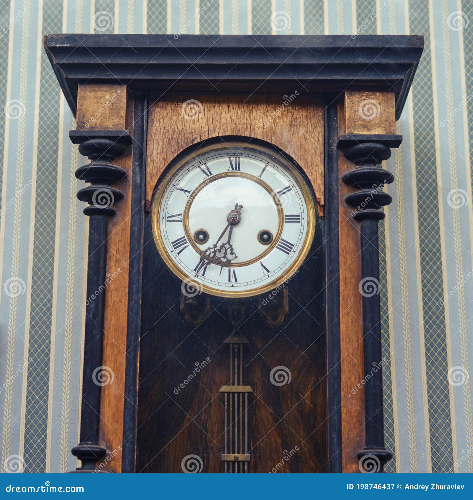 Old Wall Clock on the Wall with Wallpaper, Close Up Stock Image Image