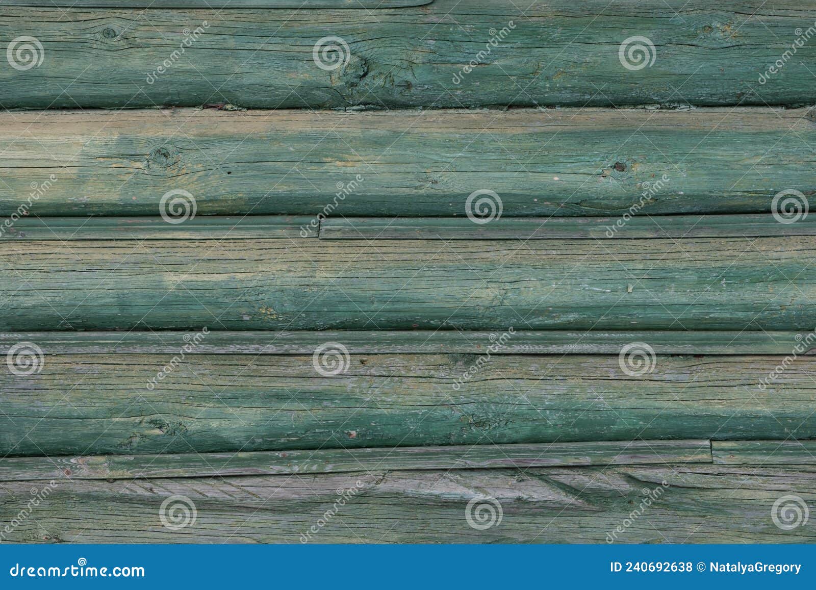 an old wall of pine logs. weathered, faded wood. green paint faded in the sun.