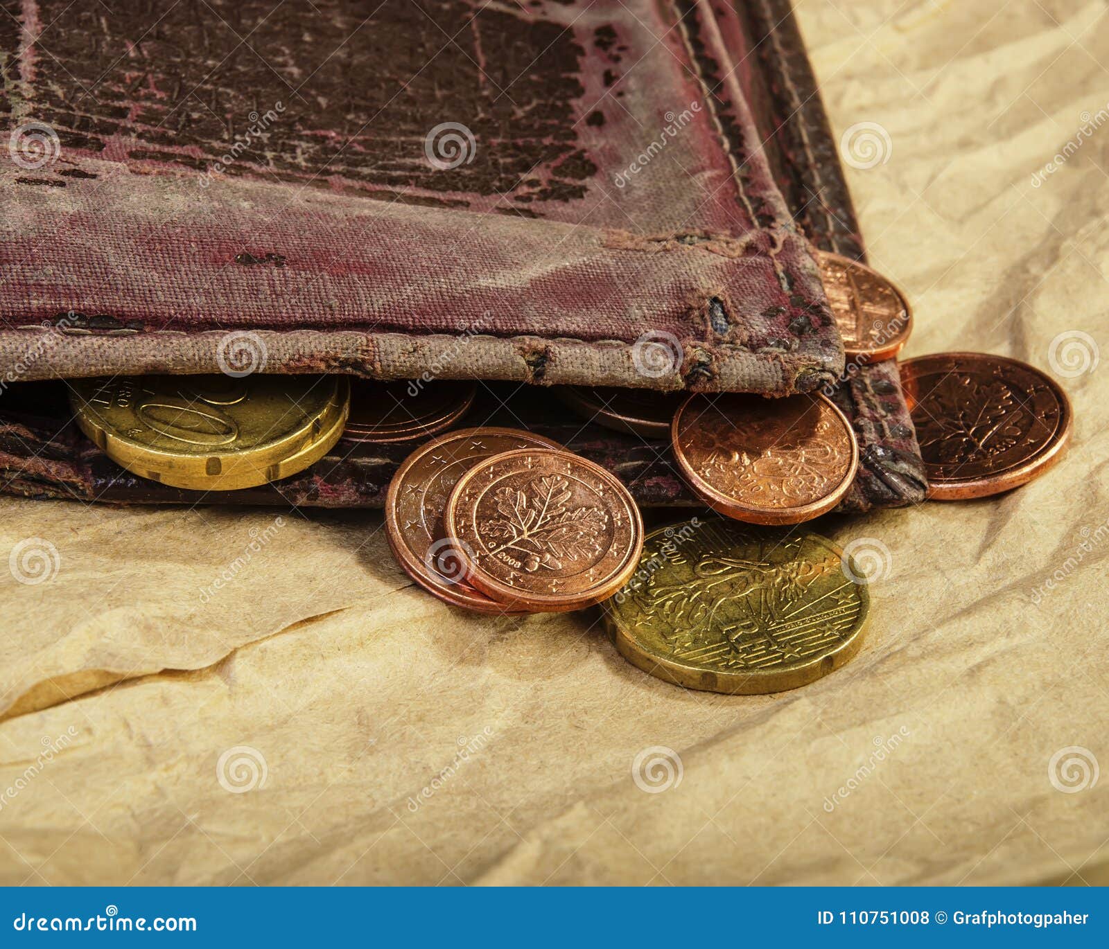 Old Wallet And Euro Coins Cents. Euro Money. Stock Photo - Image of brown, open: 110751008