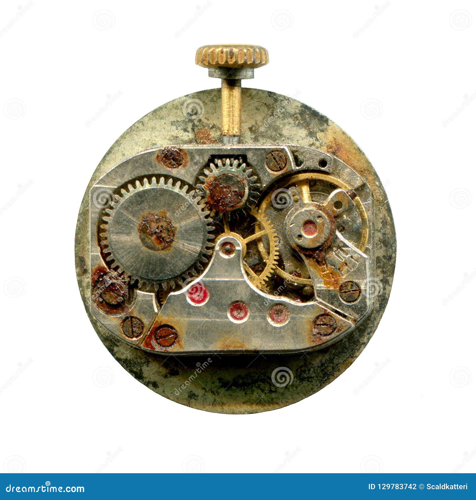 old watch rusty mechanism  on white background. steampunk  for 