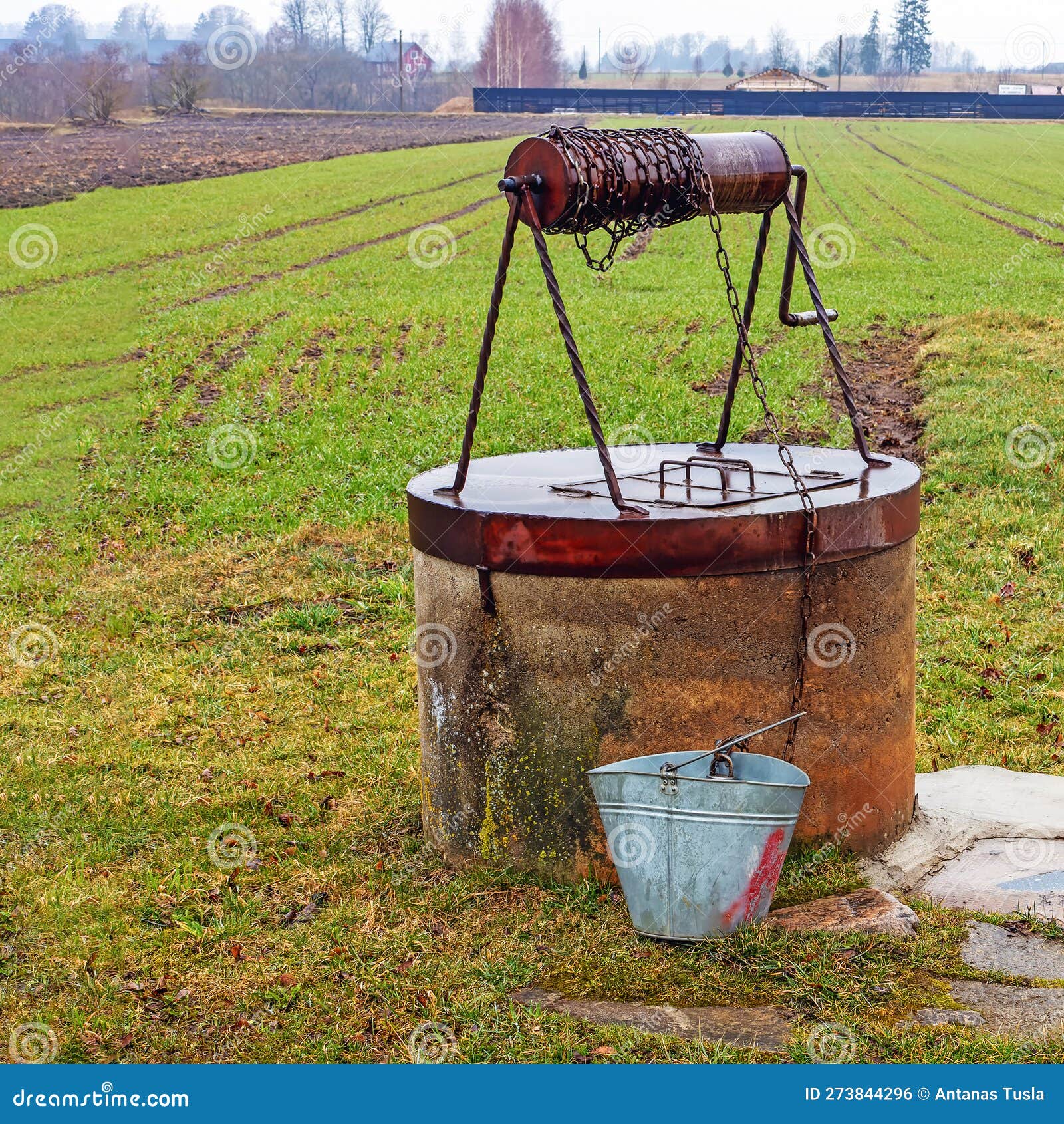 An Old Well with a Bucket in the Countryside Stock Photo Image of