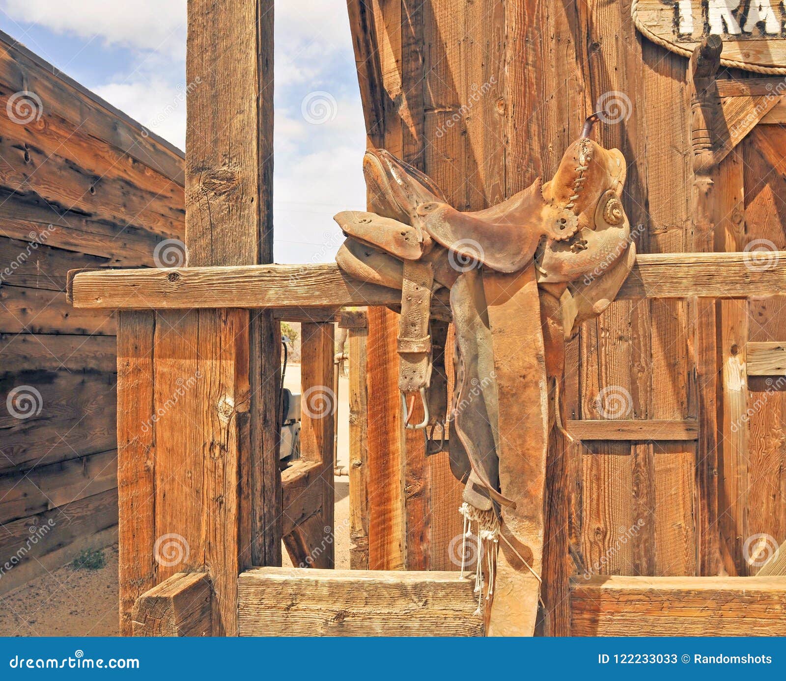 pioneer town: lold fashioned leather saddle