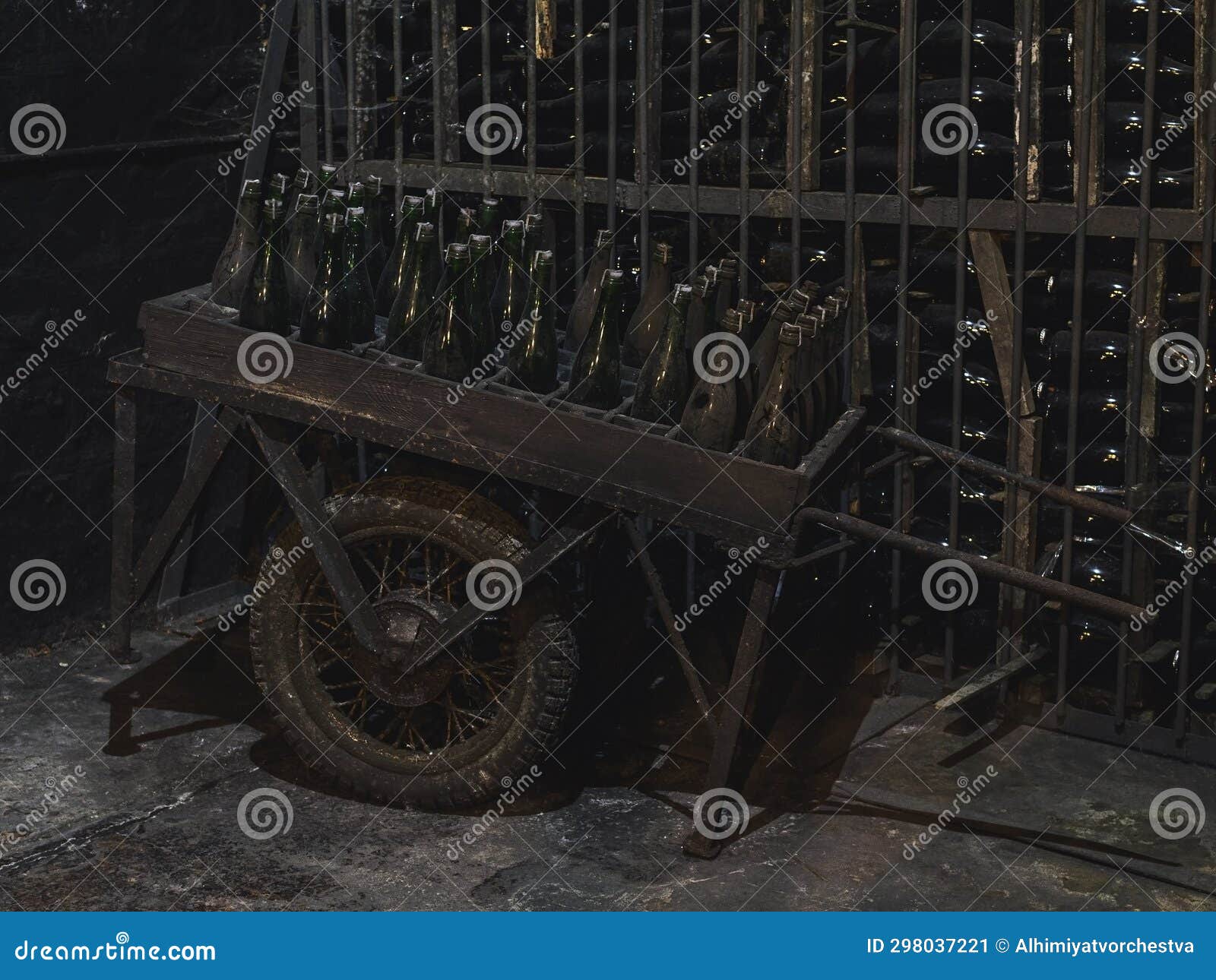Old Wheelbarrow with Bottles of Wine in the Cellar of the Winery Stock