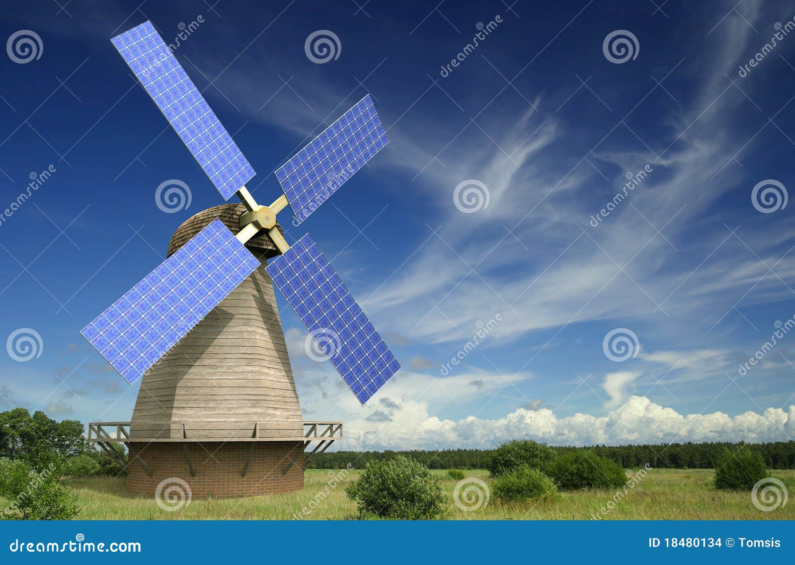 Old Windmill With Solar Panels On Its Wings Stock Images - Image 