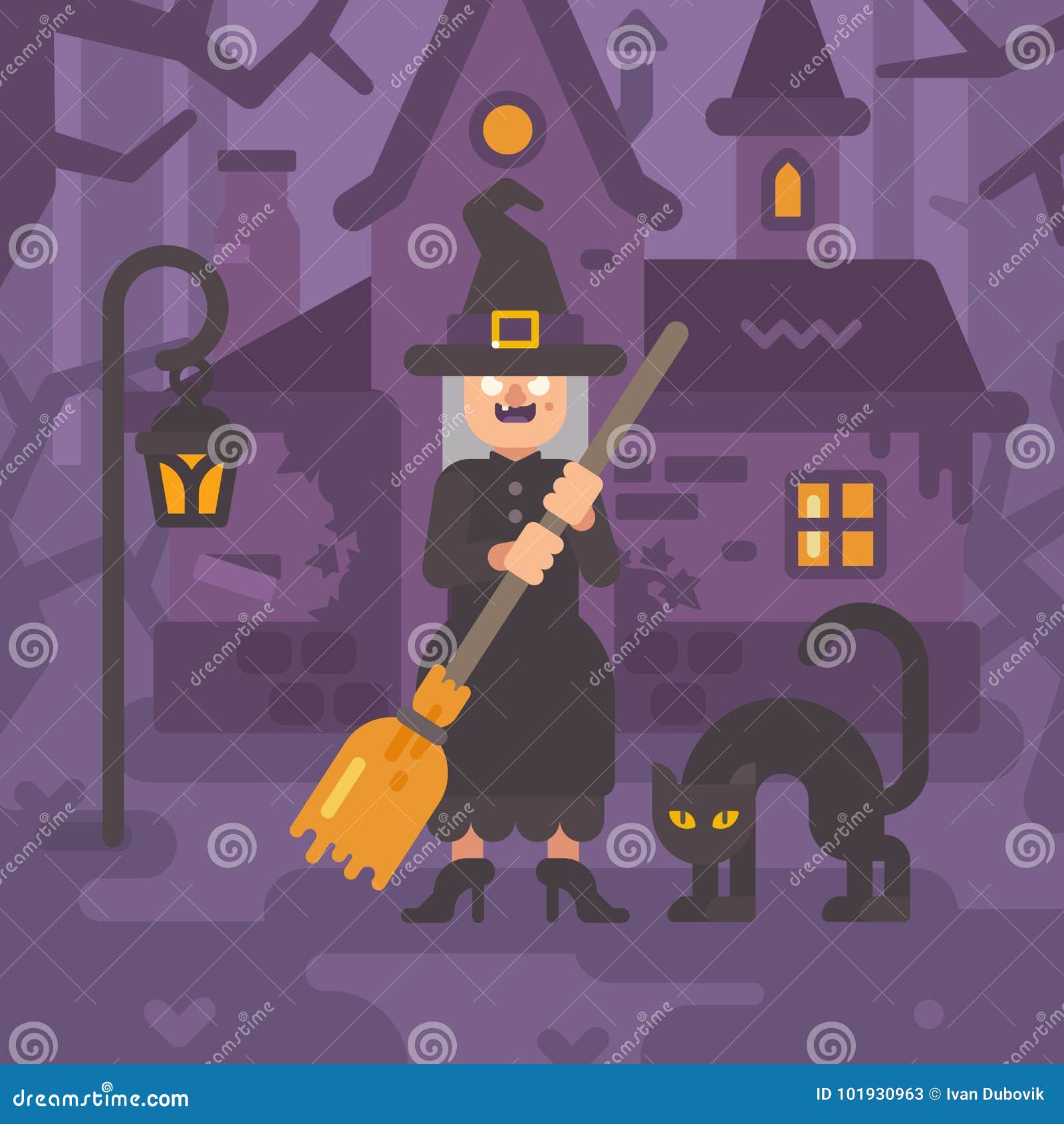 Old Witch With A Broom And A Black Cat Near Her Hut Stock Vector - Illustration of ...