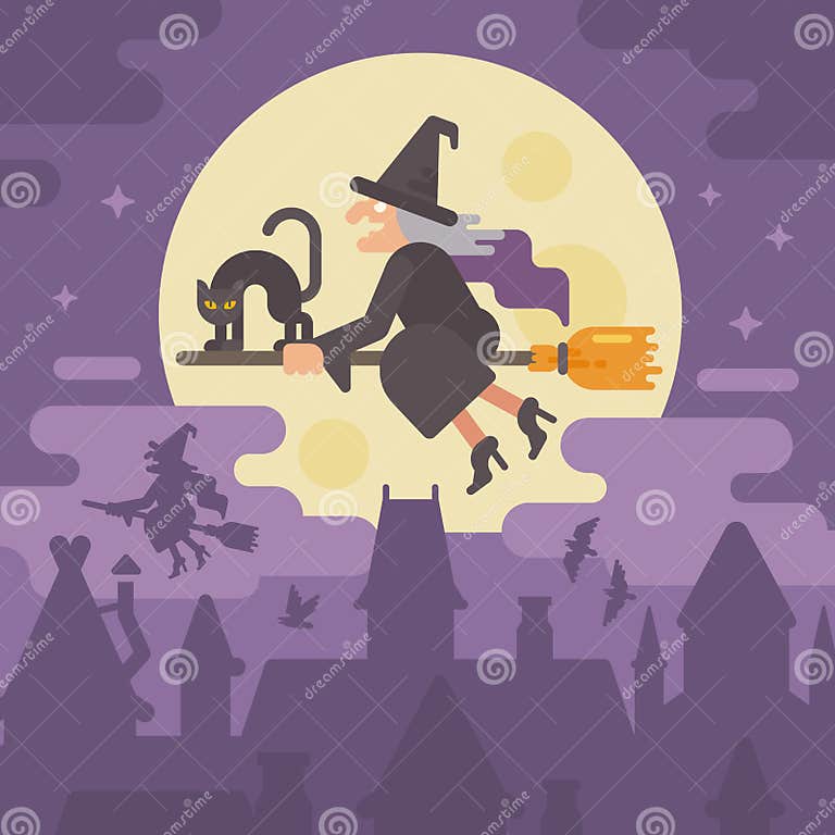 Old Witch Flying on a Broom with a Black Cat Over the Night City Stock