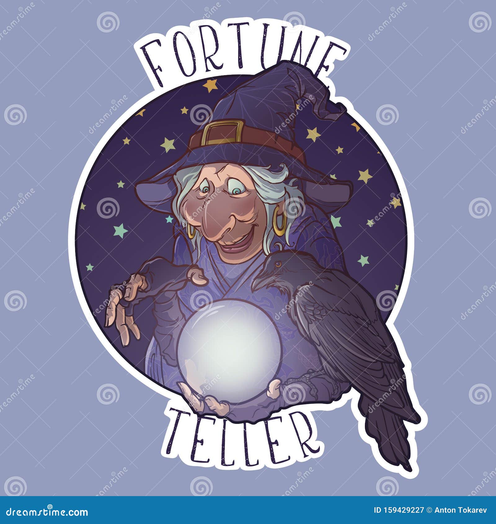 old witch with her black raven holding a crystal ball and foretelling the future. funny cartoon style character. sticker