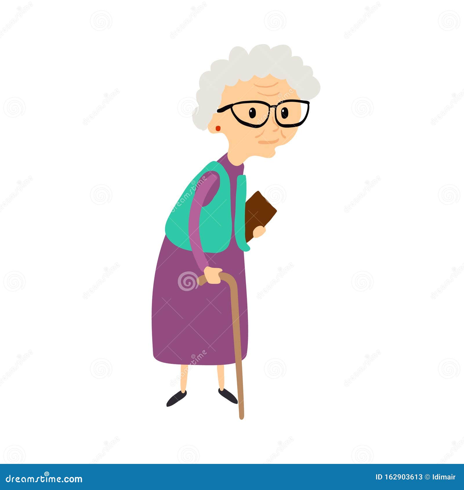 Old Woman with Cane. Senior Lady with Glasses Walking. Vector. Stock ...