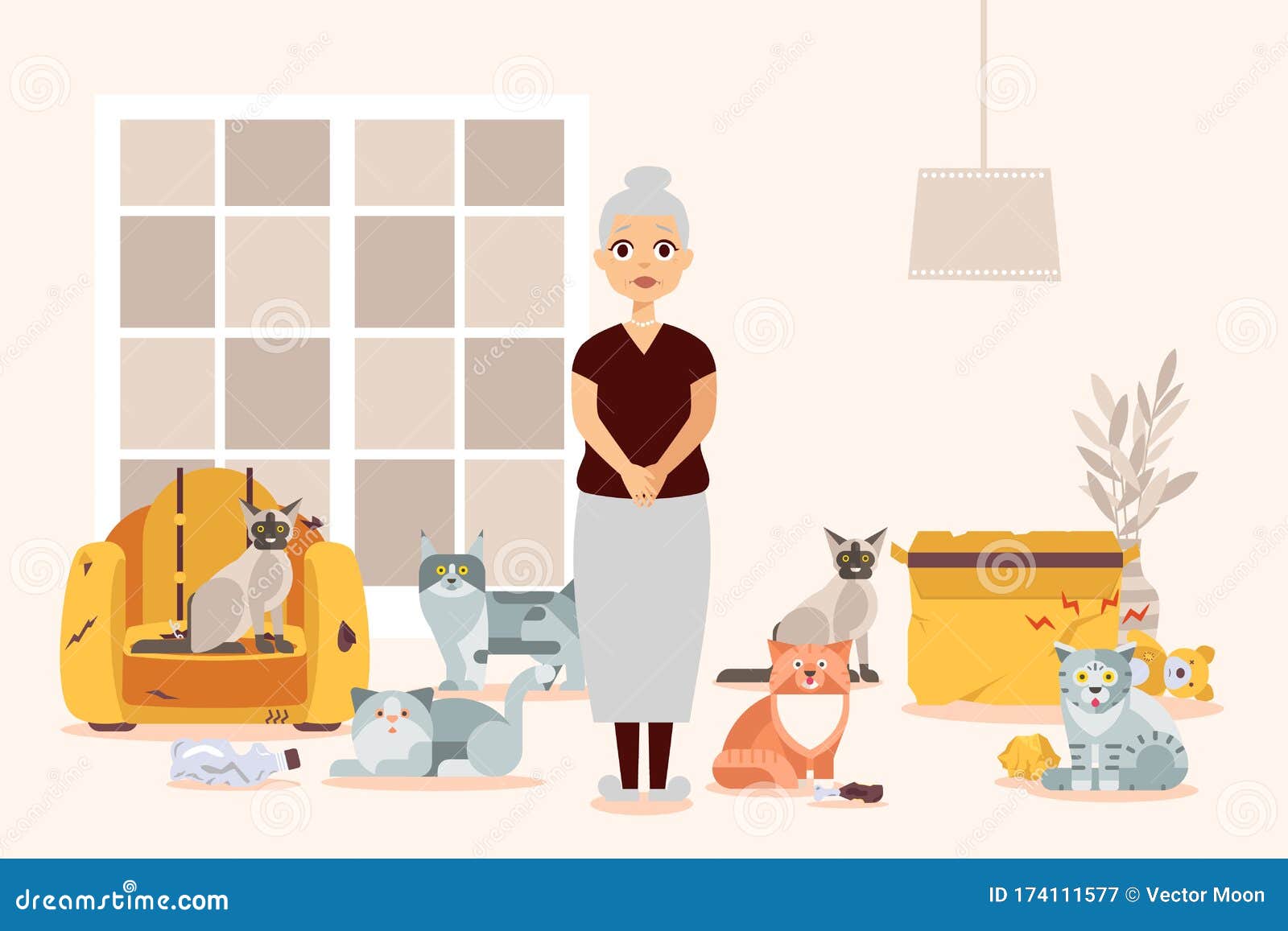 Old Woman with Cats Vector Illustration, Elderly Female Cartoon Character  with Crazy Kittens As Pet Animals at Home. Stock Vector - Illustration of  lady, feline: 174111577