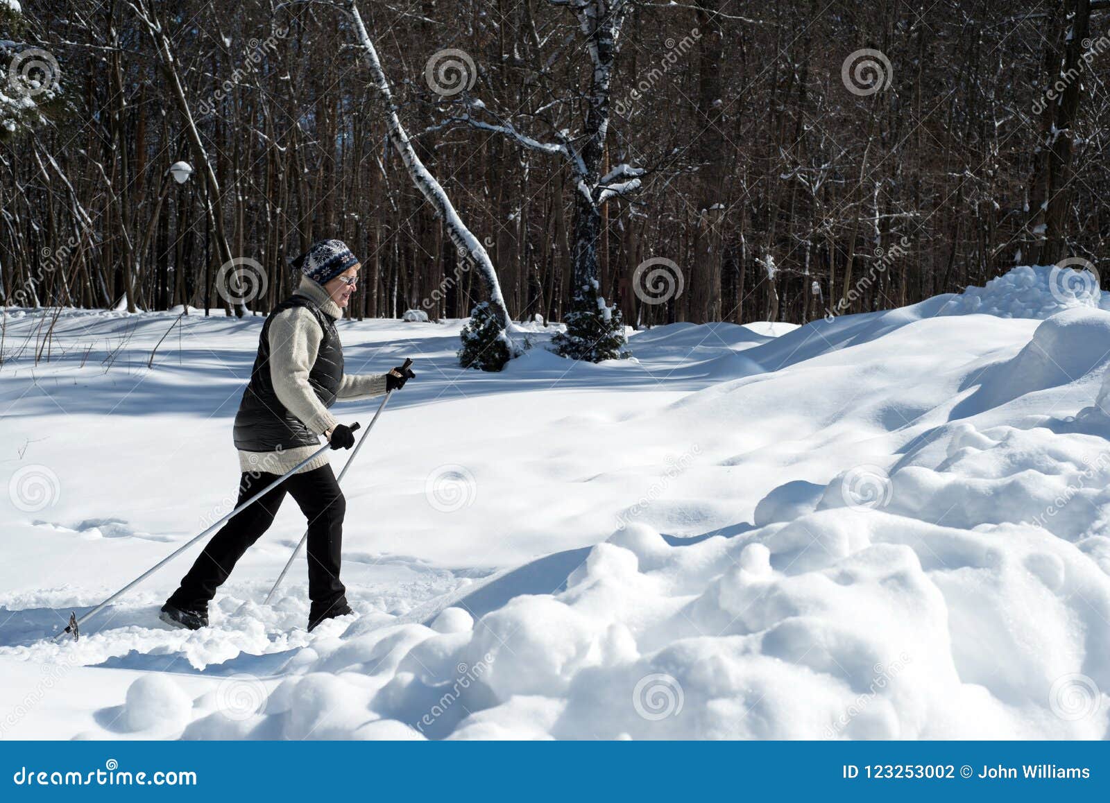 Old Woman Cross Country Skiing in Winter Forest Snow Editorial ...