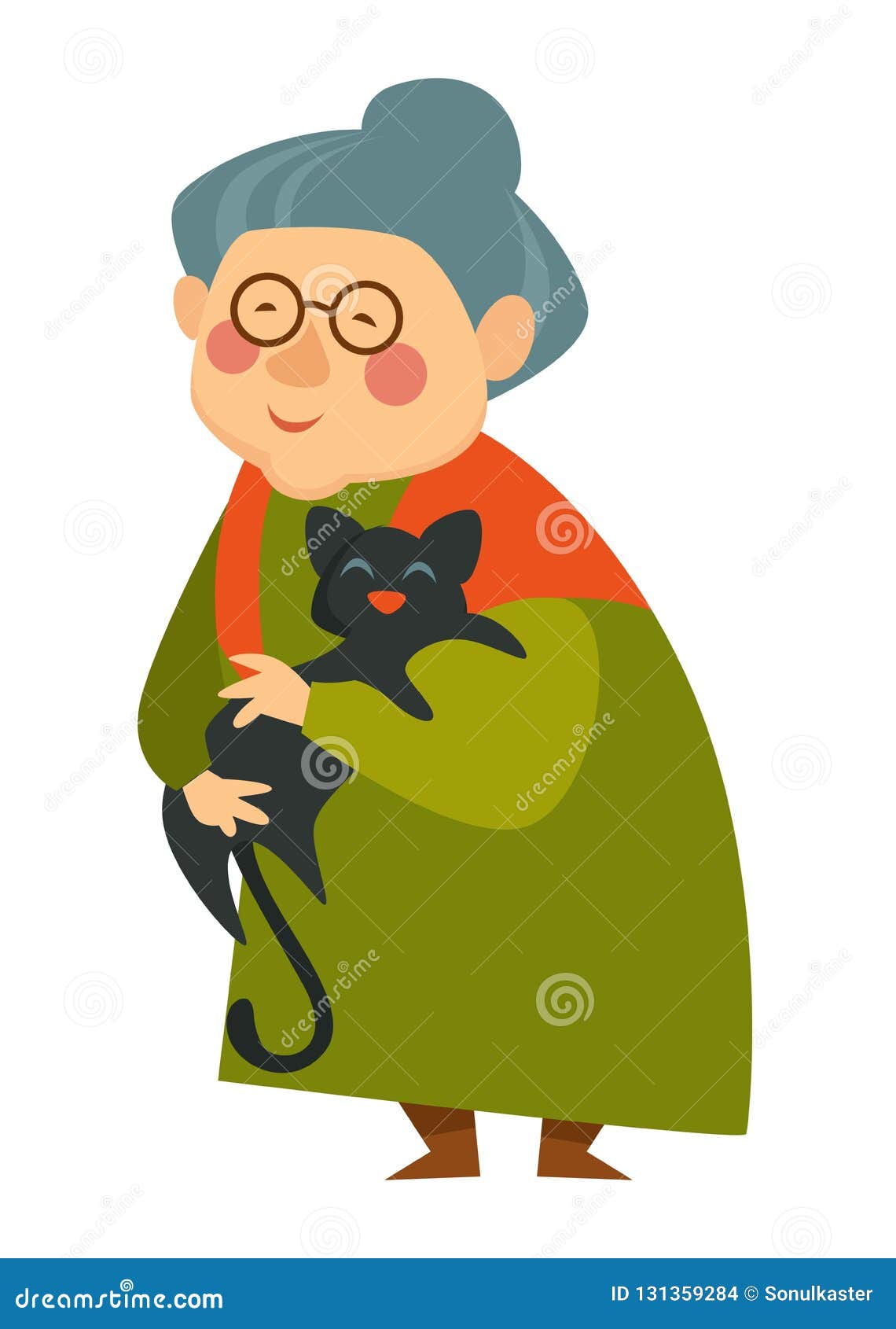 Old Woman Cuddling Cat, Pensioner Lady Happy with Pet Stock Vector ...