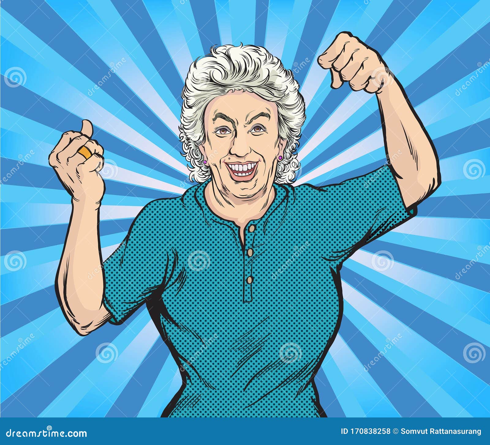 the old woman smiled happily and showed strength.pop art   drawing,comic book work style