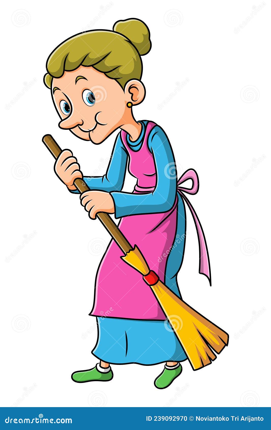 The Old Woman is Sweeping the Yard with the Broom Stick Stock Vector