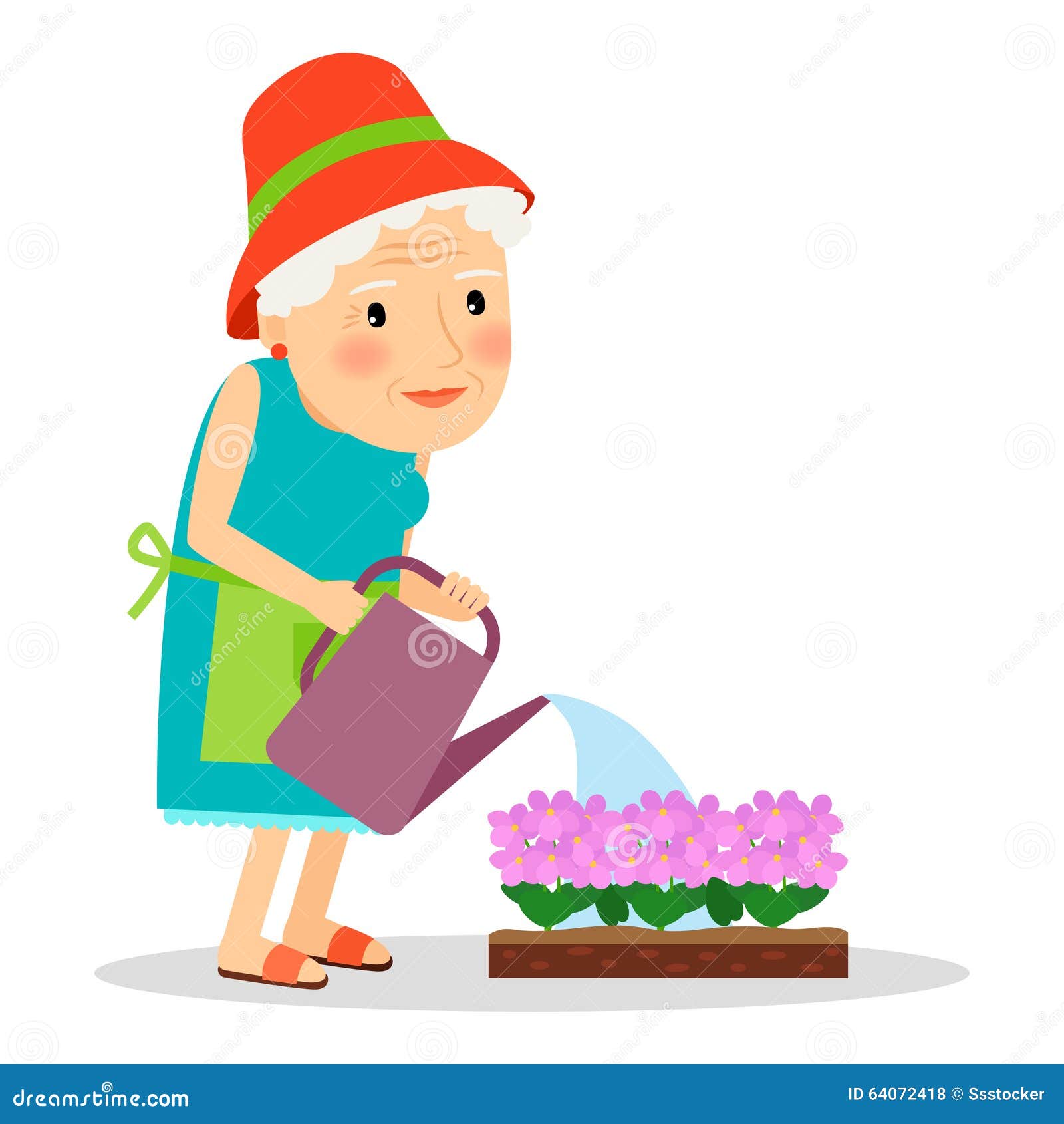 Old woman watering flowers stock vector. Illustration of person - 64072418