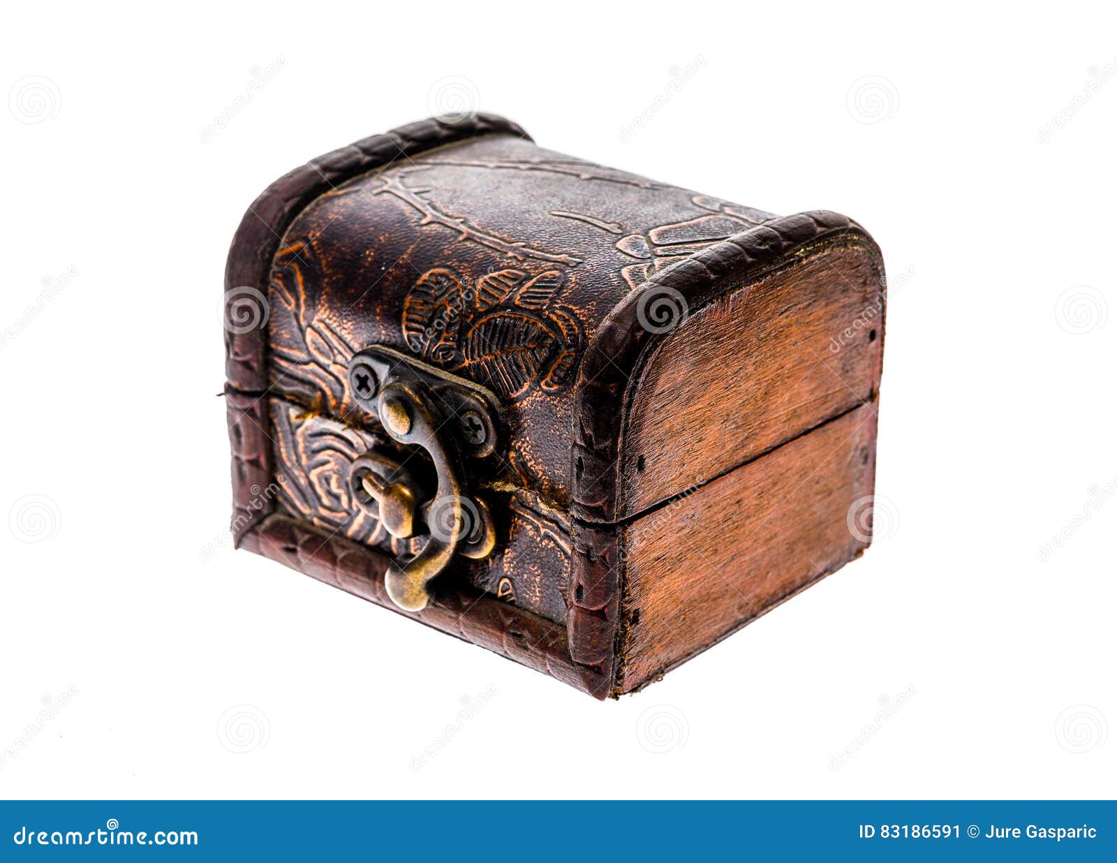 Old wooden chest box with treasure isolated on white background