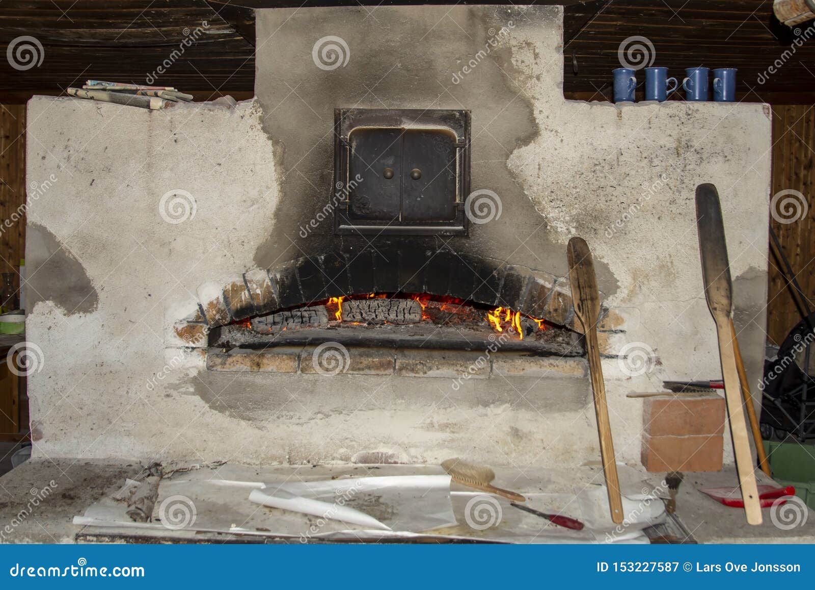Old Wood Fired Flatbread Oven with with Tools Stock Image Image of