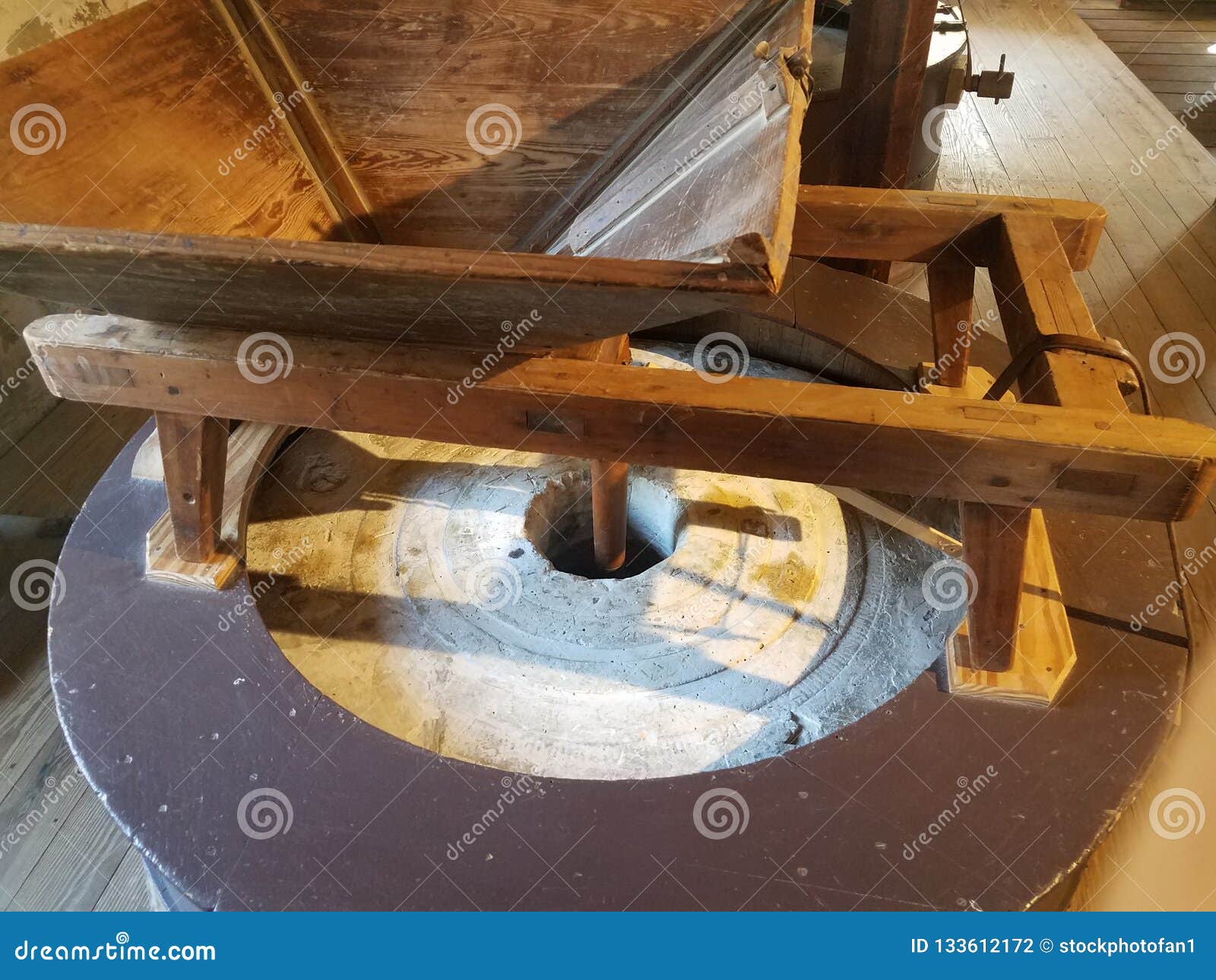 Old Wood Funnel and Large Grinding Stone Stock Photo Image of antique