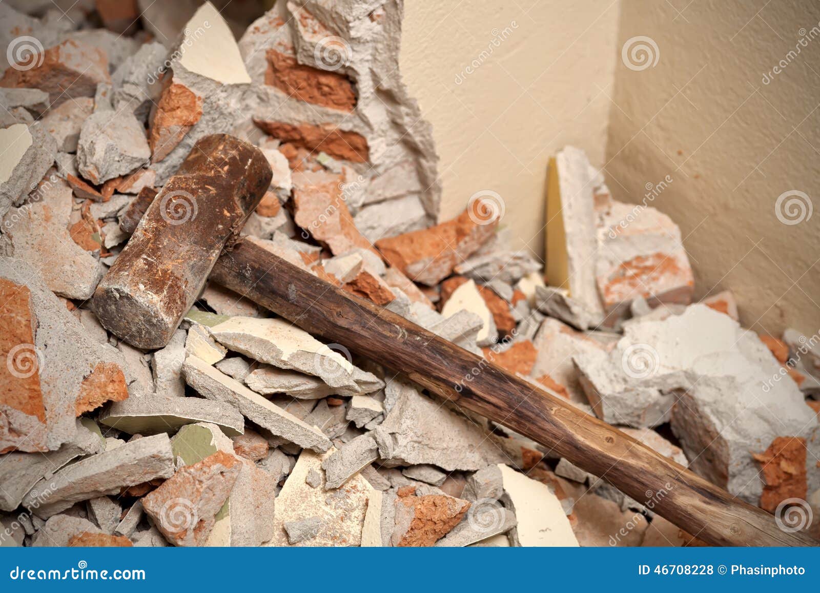 Old Wood Hammer on Broken Brick Wall Stock Photo Image of house