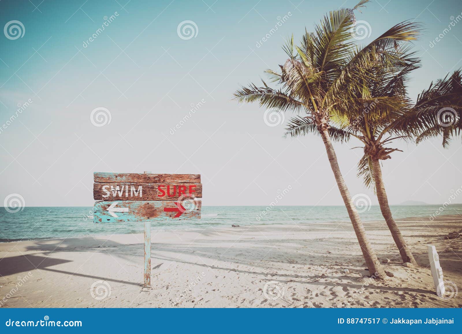 old wood sign navigate swimming and surfing on a tropical beach in the summer.