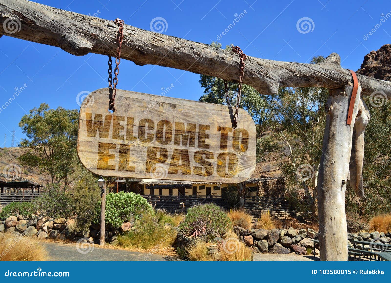 old wood signboard with text welcome to el paso. hanging on a branch