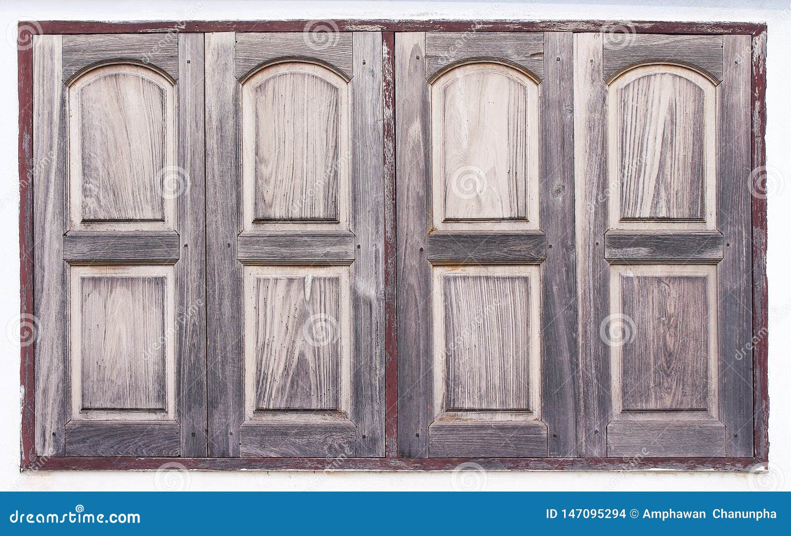 Old Wood Window With Paint On Concrete Wall Background Stock