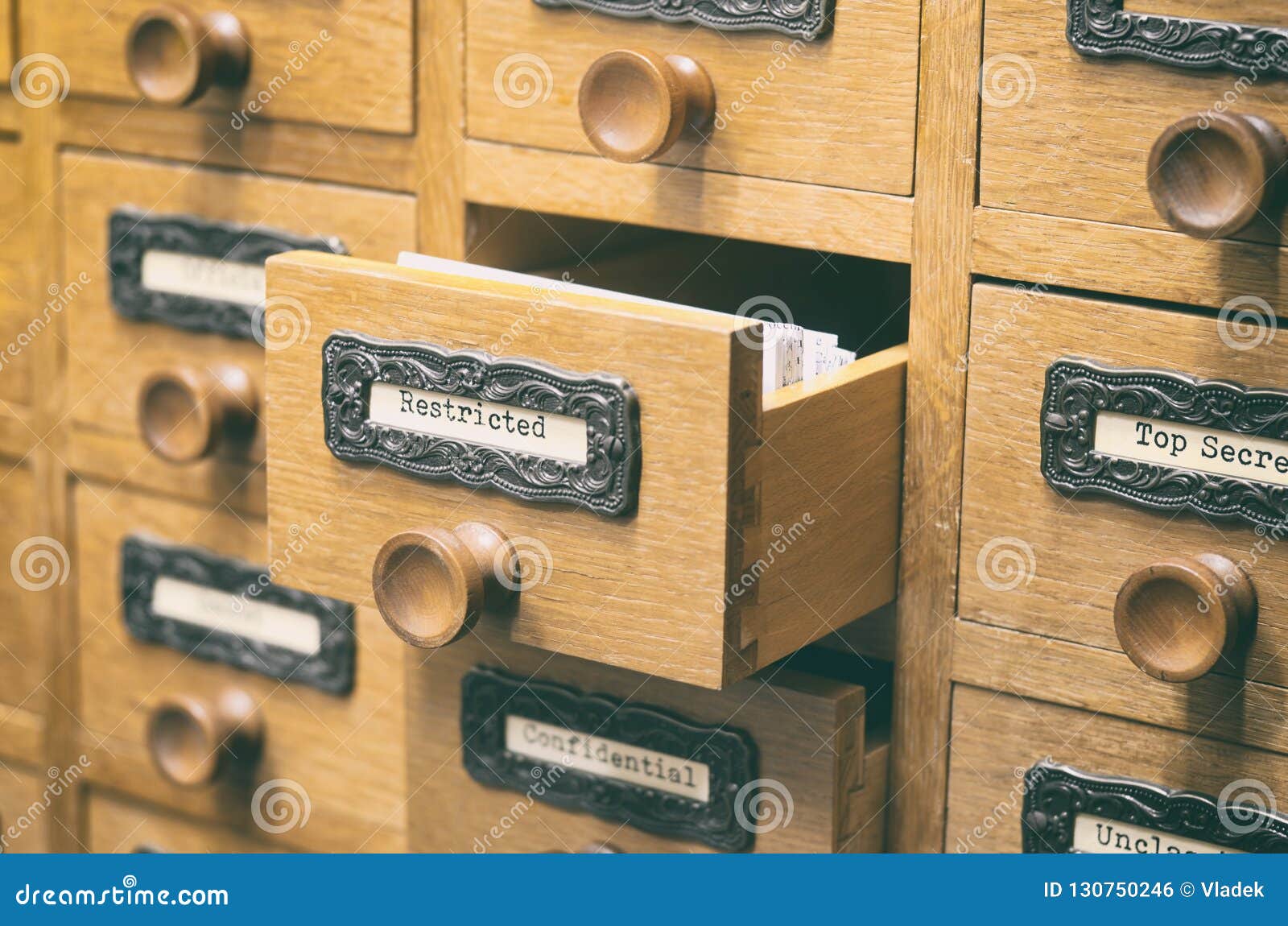 Old Wooden Archive Files Catalog Drawer Restricted Files Stock