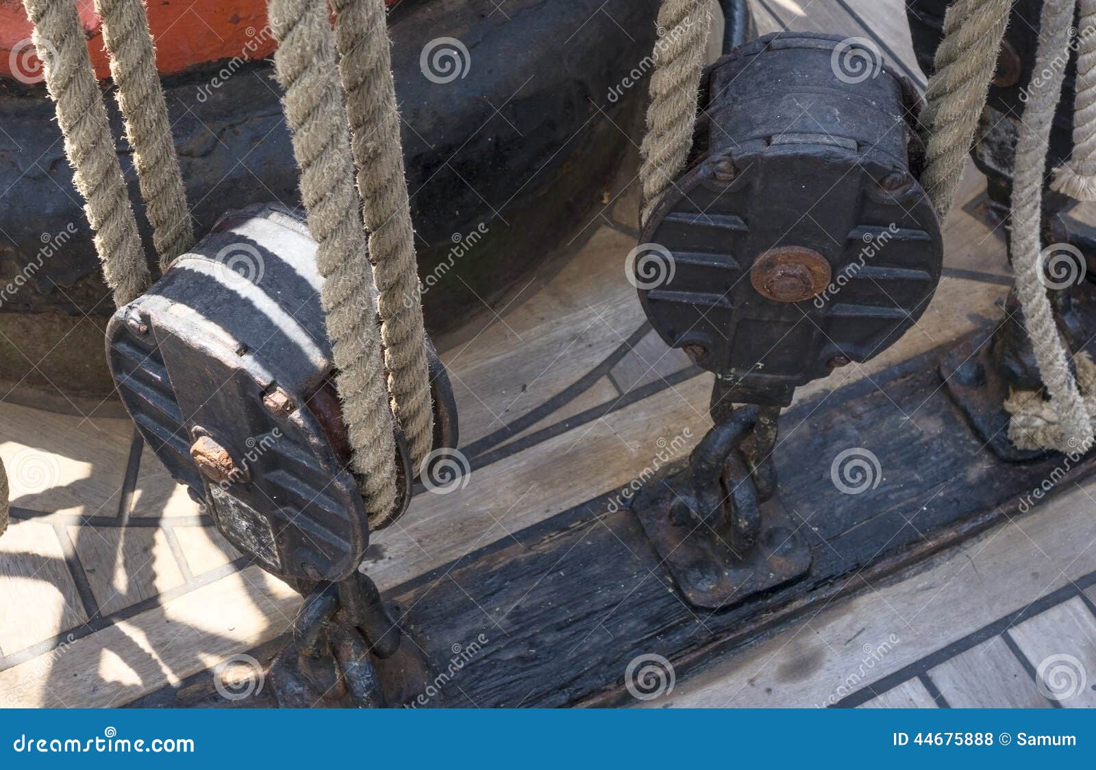 Old wooden block with rope stock photo. Image of bridge 44675888