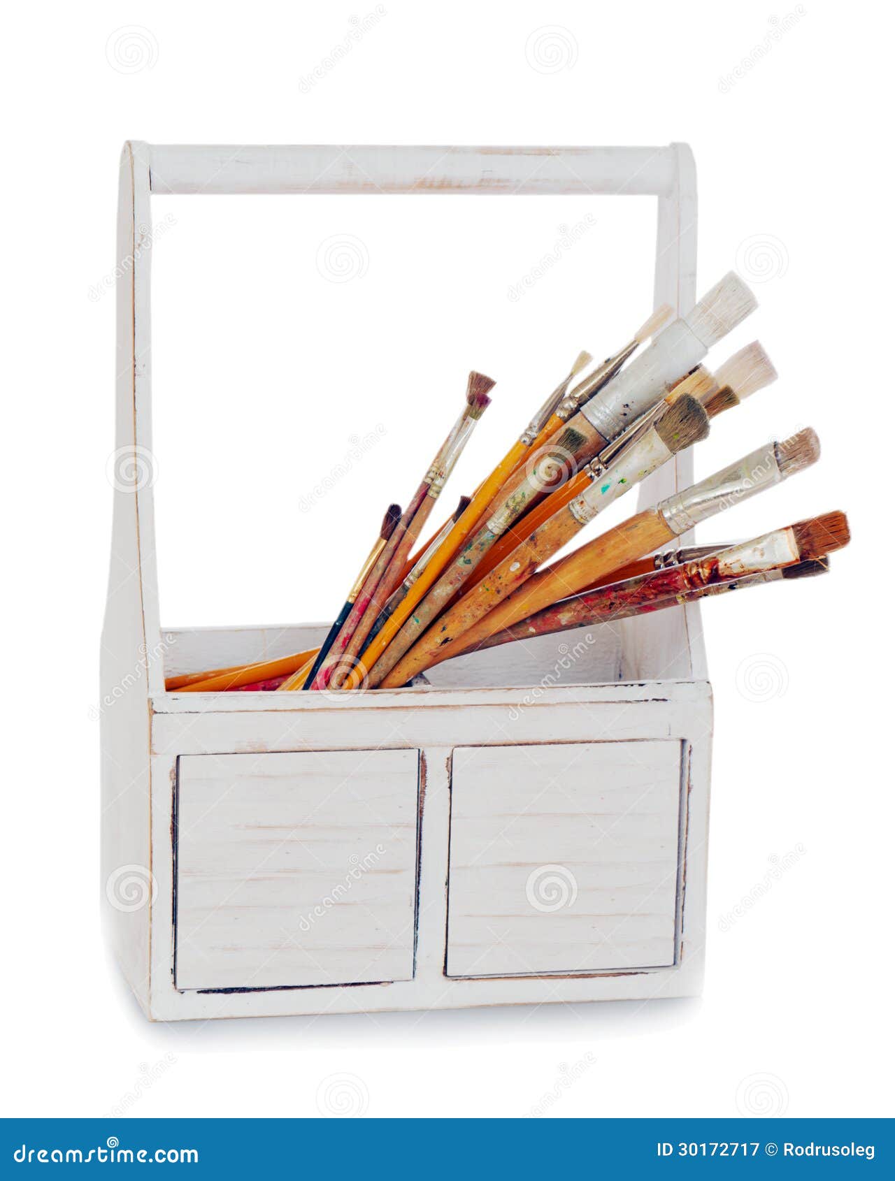 Old Wooden Box With Paint Brushes Isolated On White Stock Image Image of handle, lock 30172717