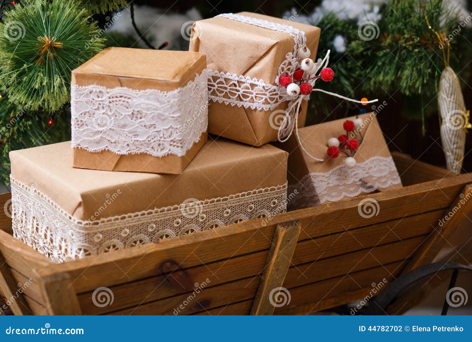 Old Wooden Box With Vintage Christmas Decorations Stock 