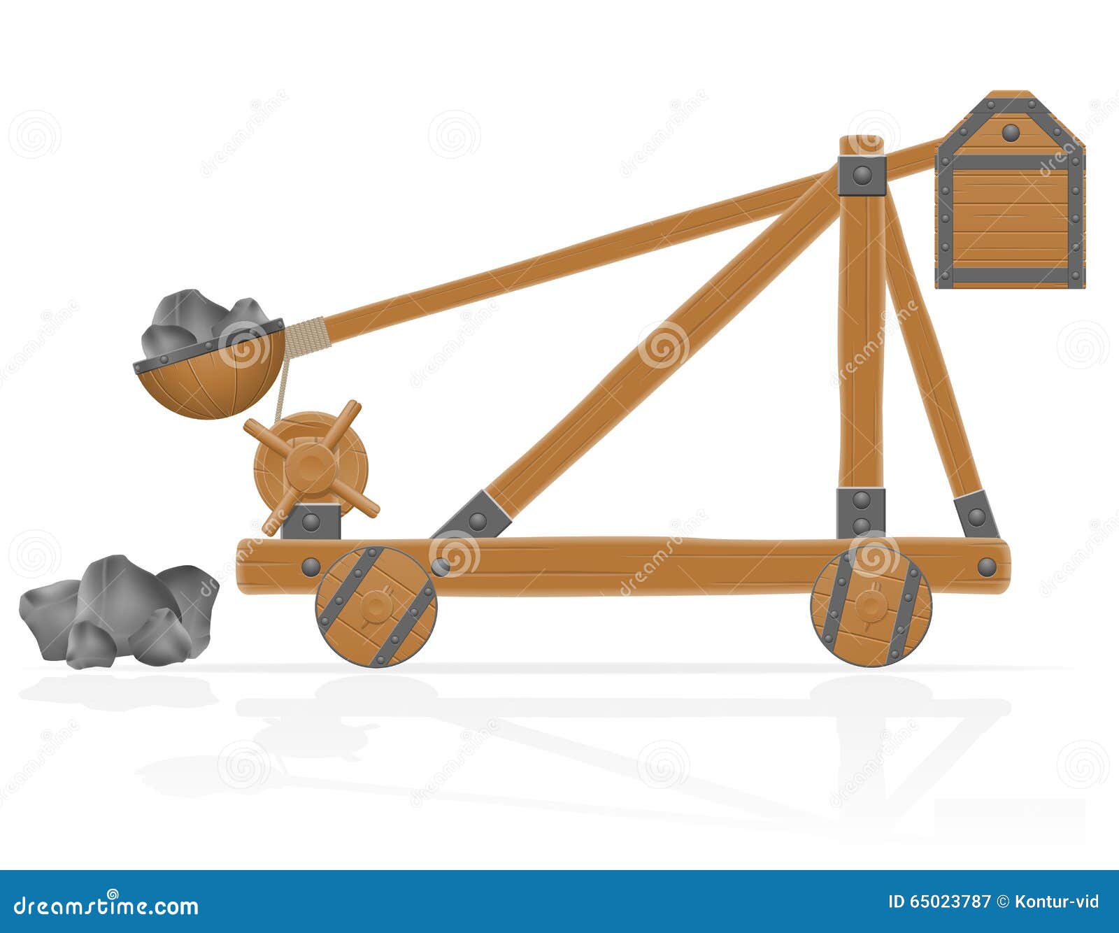 old wooden catapult loaded stones  