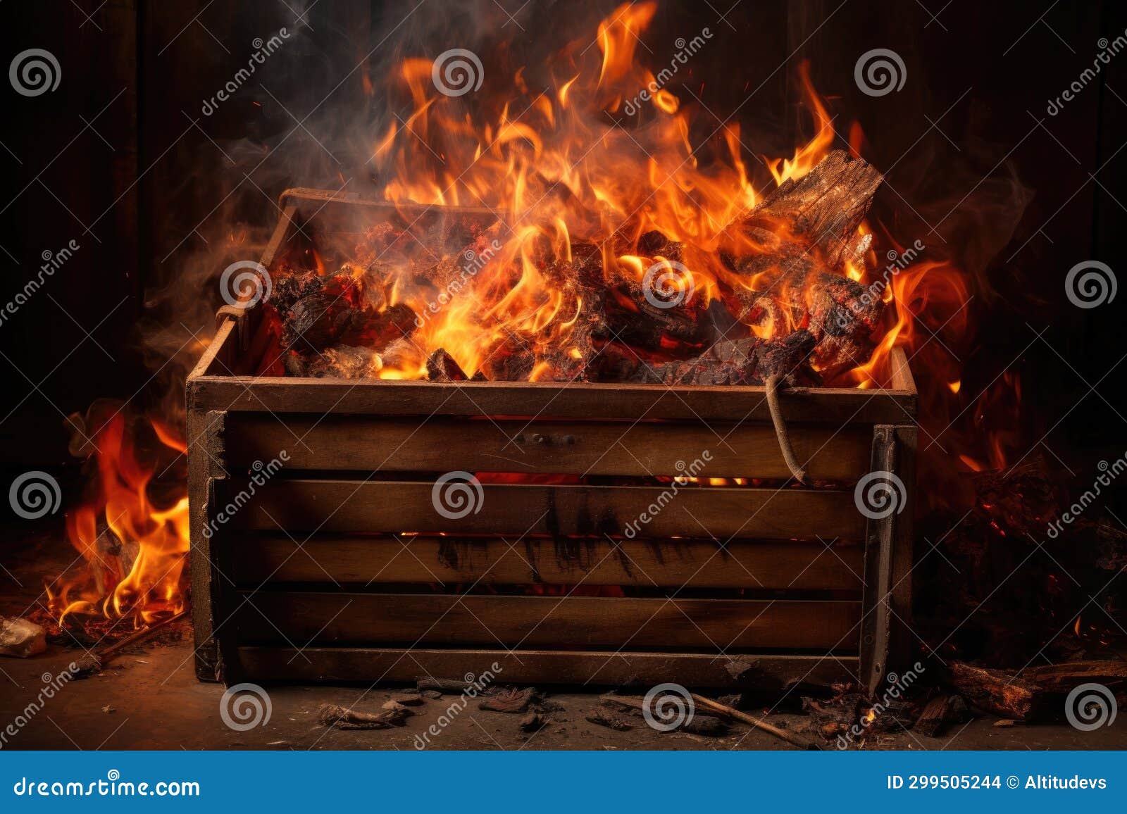 An Old Wooden Crate Full of Waste, Consumed by Fire Stock Photo Image