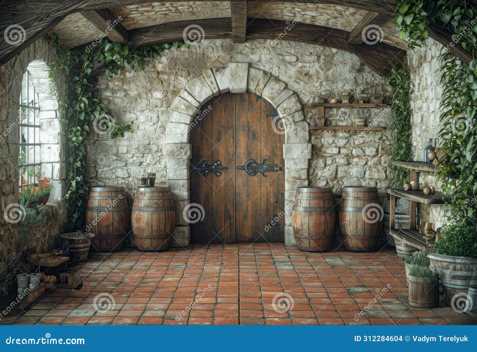 old wooden door and wine barrels in the wine cellar foto de archivo