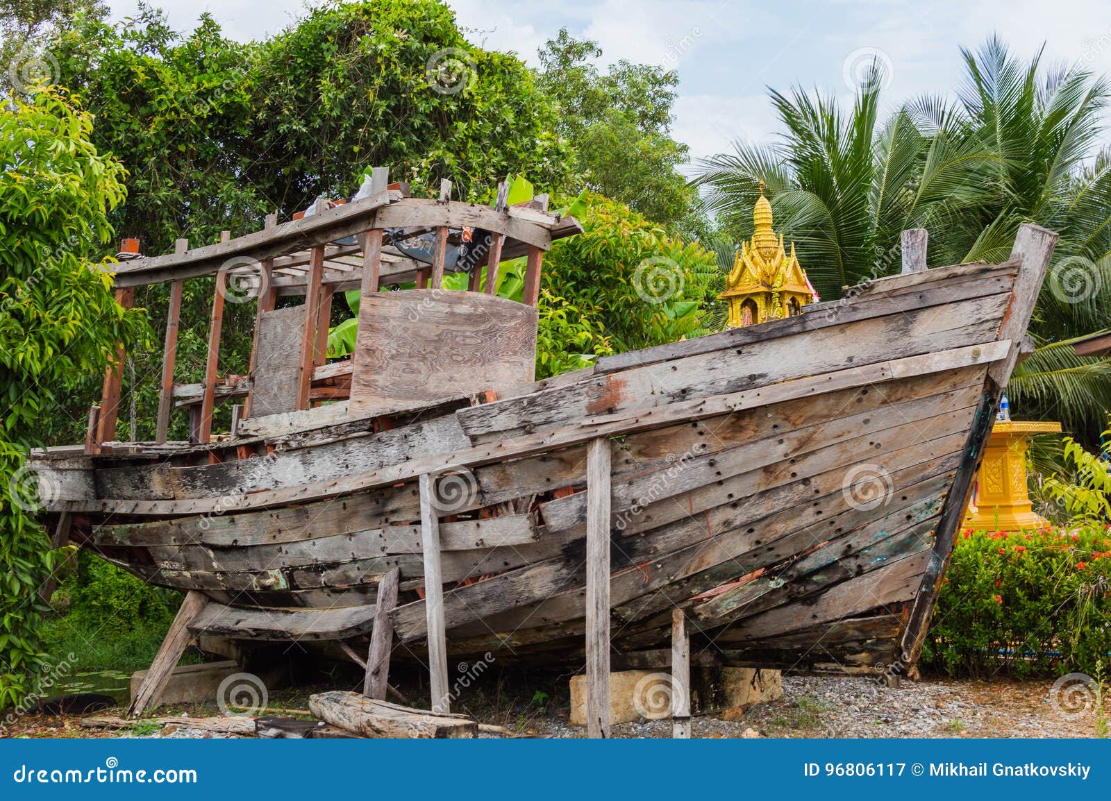 An Old Wooden Fishing Boat in Garden As Decoration Item Stock Image - Image  of coastal, scenery: 96806117