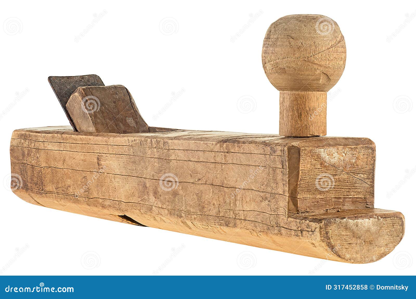 old wooden jointer  on white background. vintage wood working tool