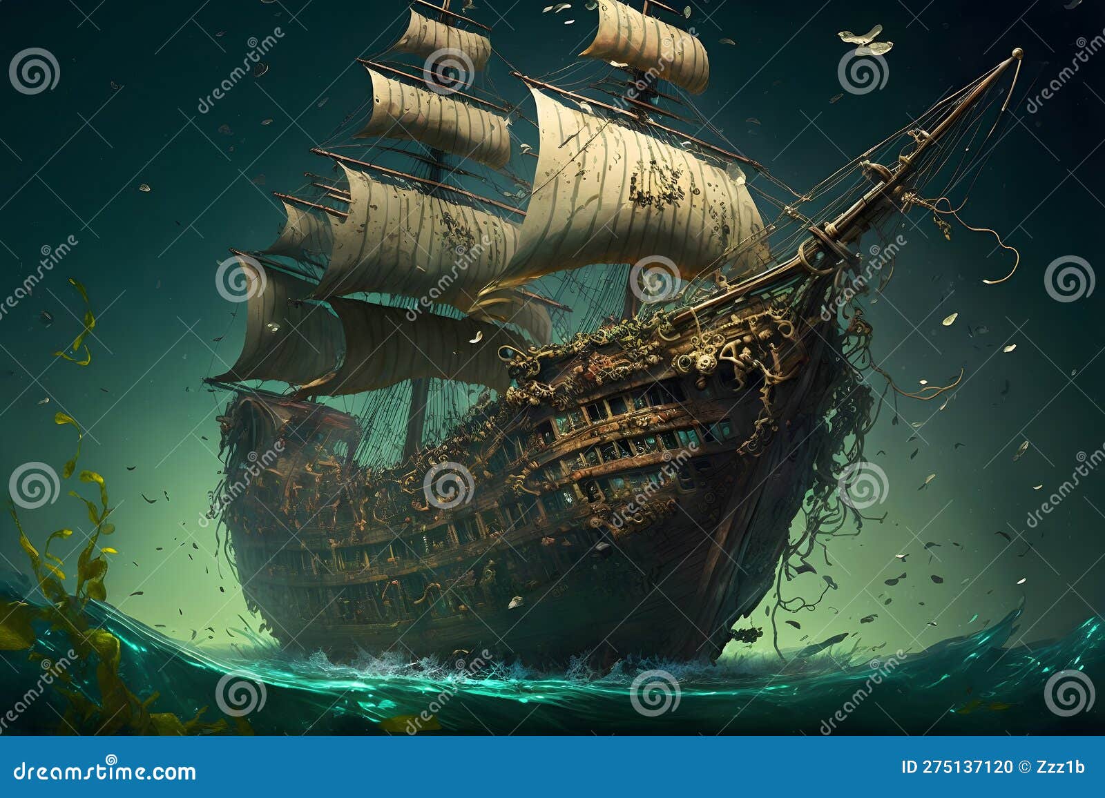 old wooden sail ship at sea with no lights inside, neural network generated art