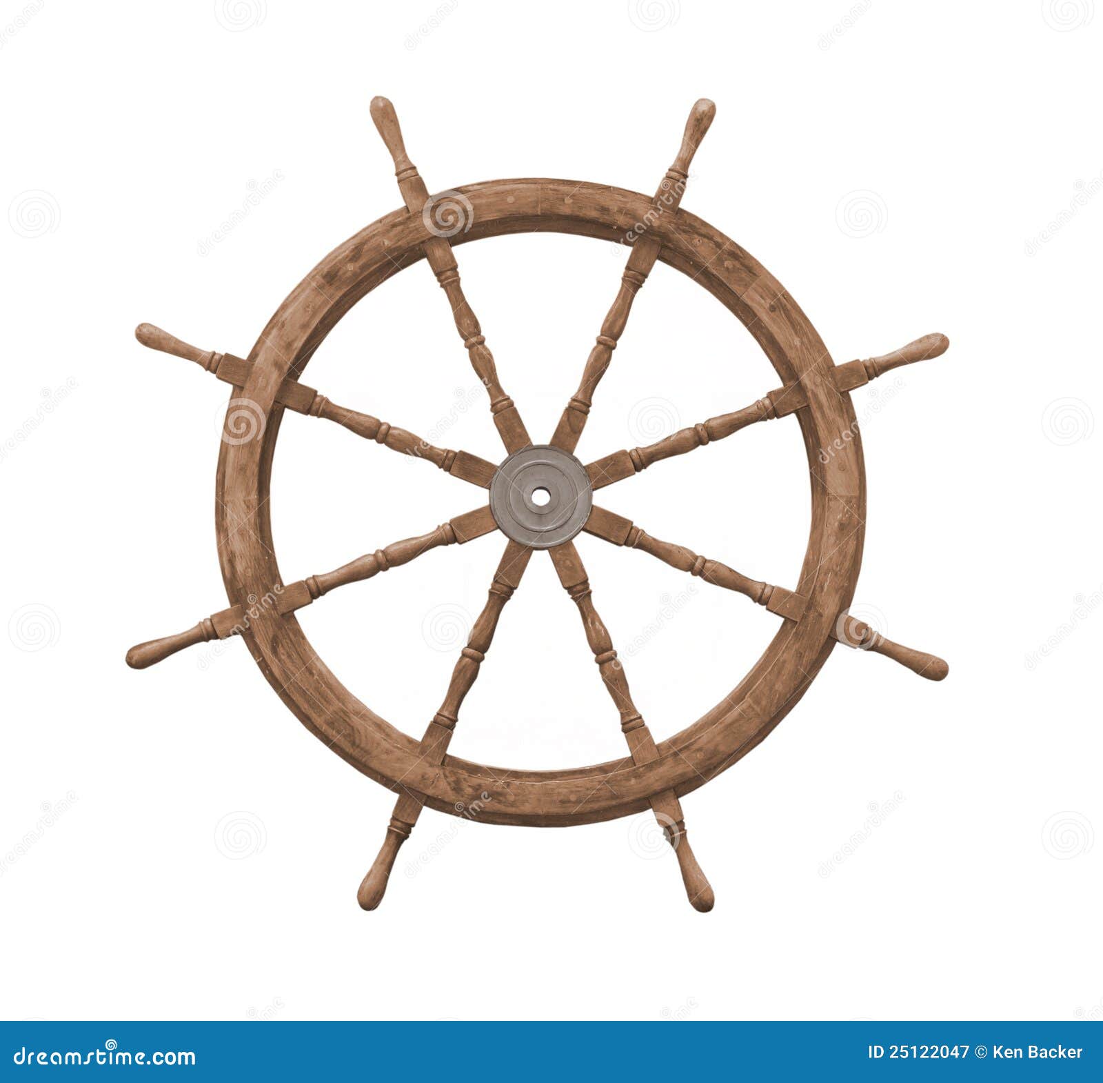  and worn, large steering wheel from a sailing ship. Isolated on white