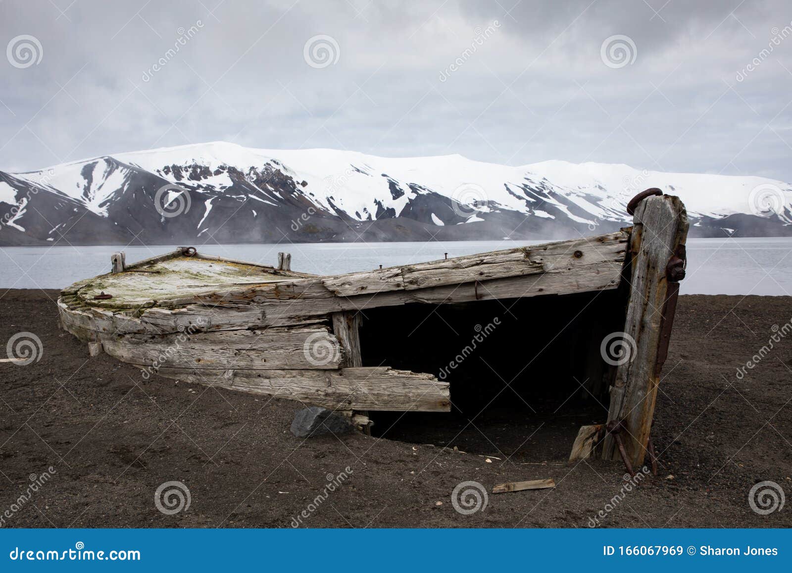 old wooden whaling boat on the beach at whaler`s bay, antarctica