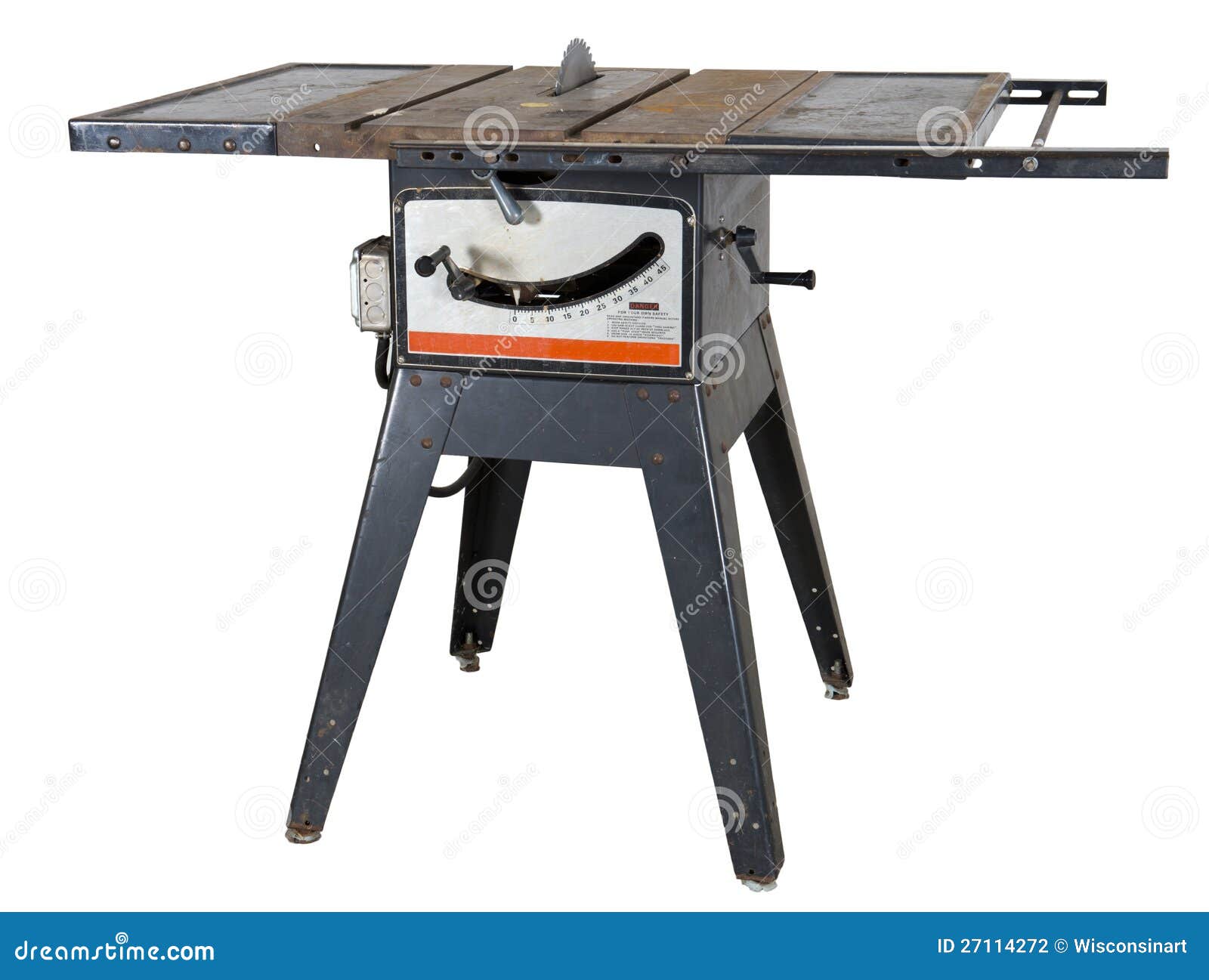 old woodworking table saw isolated stock photography