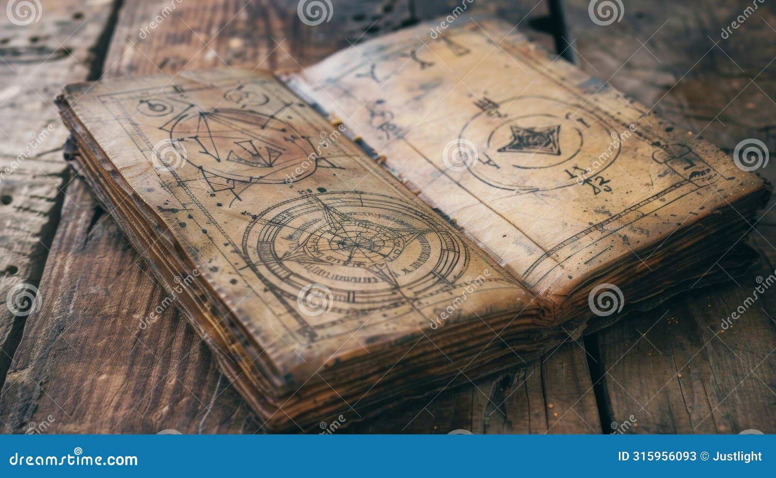 an old worn leather journal sits open on a weathered wooden table adorned with sketches of tarot spreads and cryptic