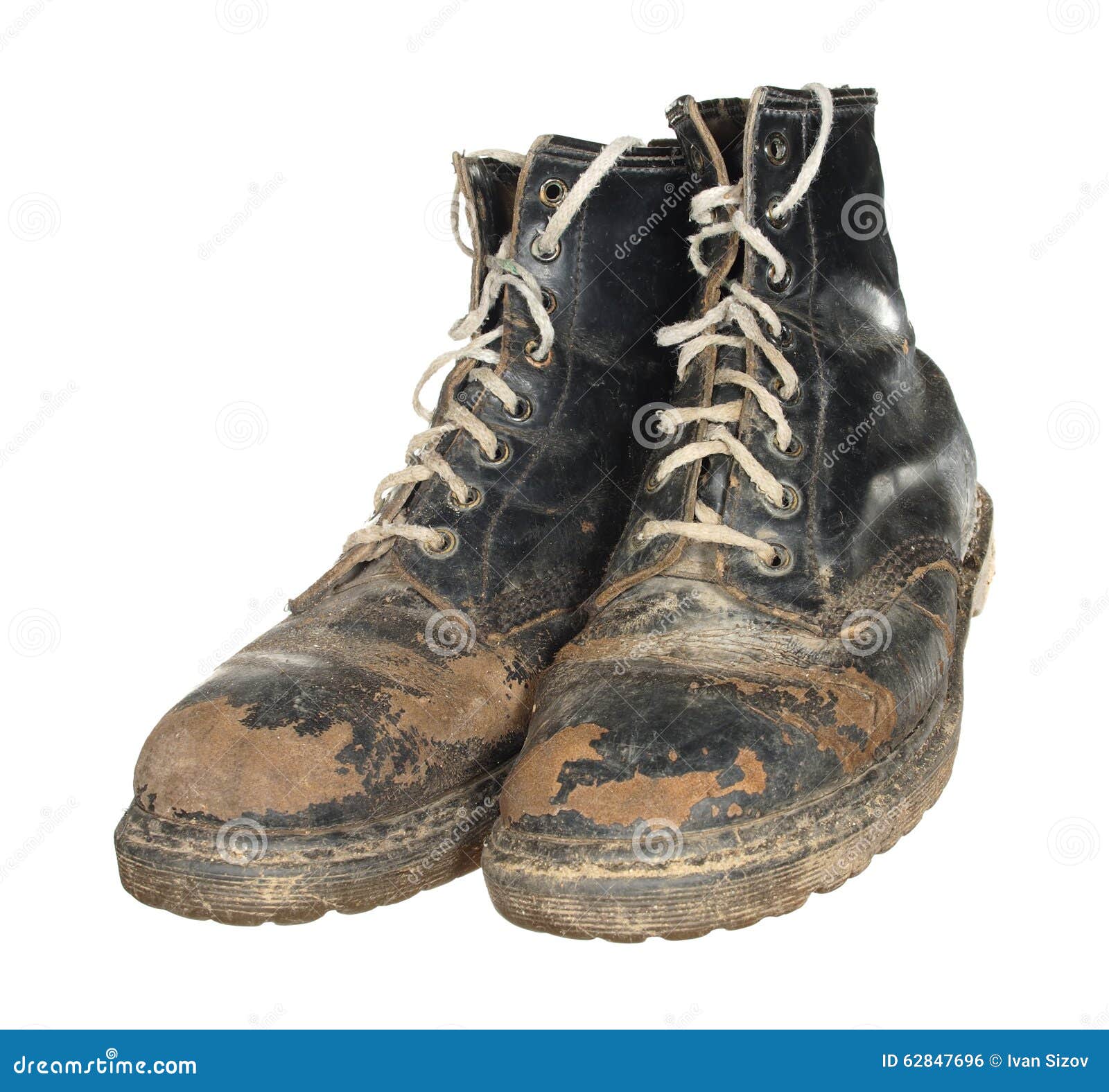 The Old Worn Out Boots with White Laces Isolated on White Background ...